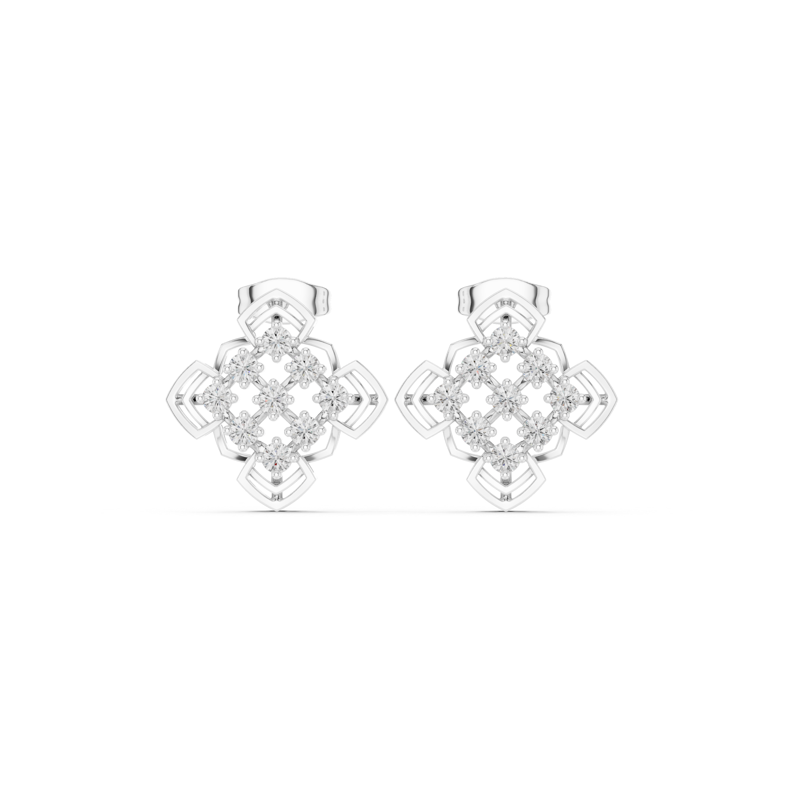 Open Lattice Enamel Diamond Stud Earrings in White Gold - VYKA Diamonds