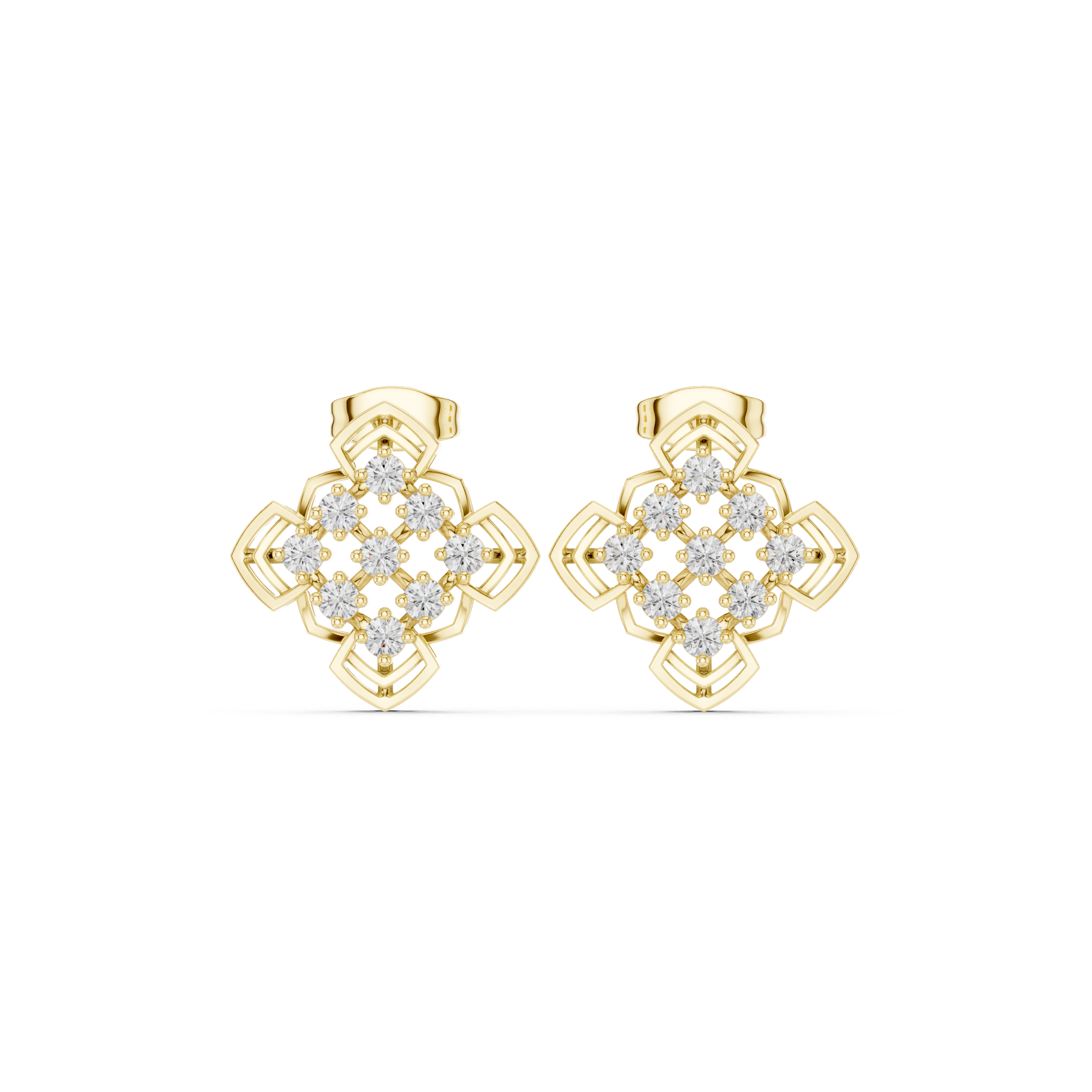Open Lattice Enamel Diamond Stud Earrings in Yellow Gold - VYKA Diamonds