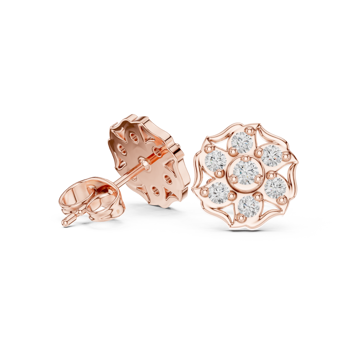 Round Rosette Cluster Diamond Stud Earrings in Rose Gold - VYKA Diamonds