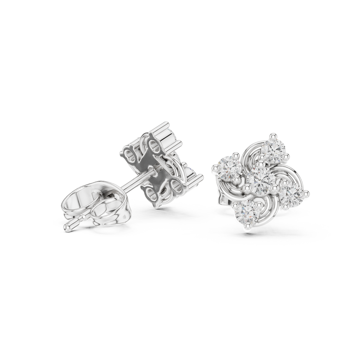 Scroll Trefoil Cluster Diamond Stud Earrings