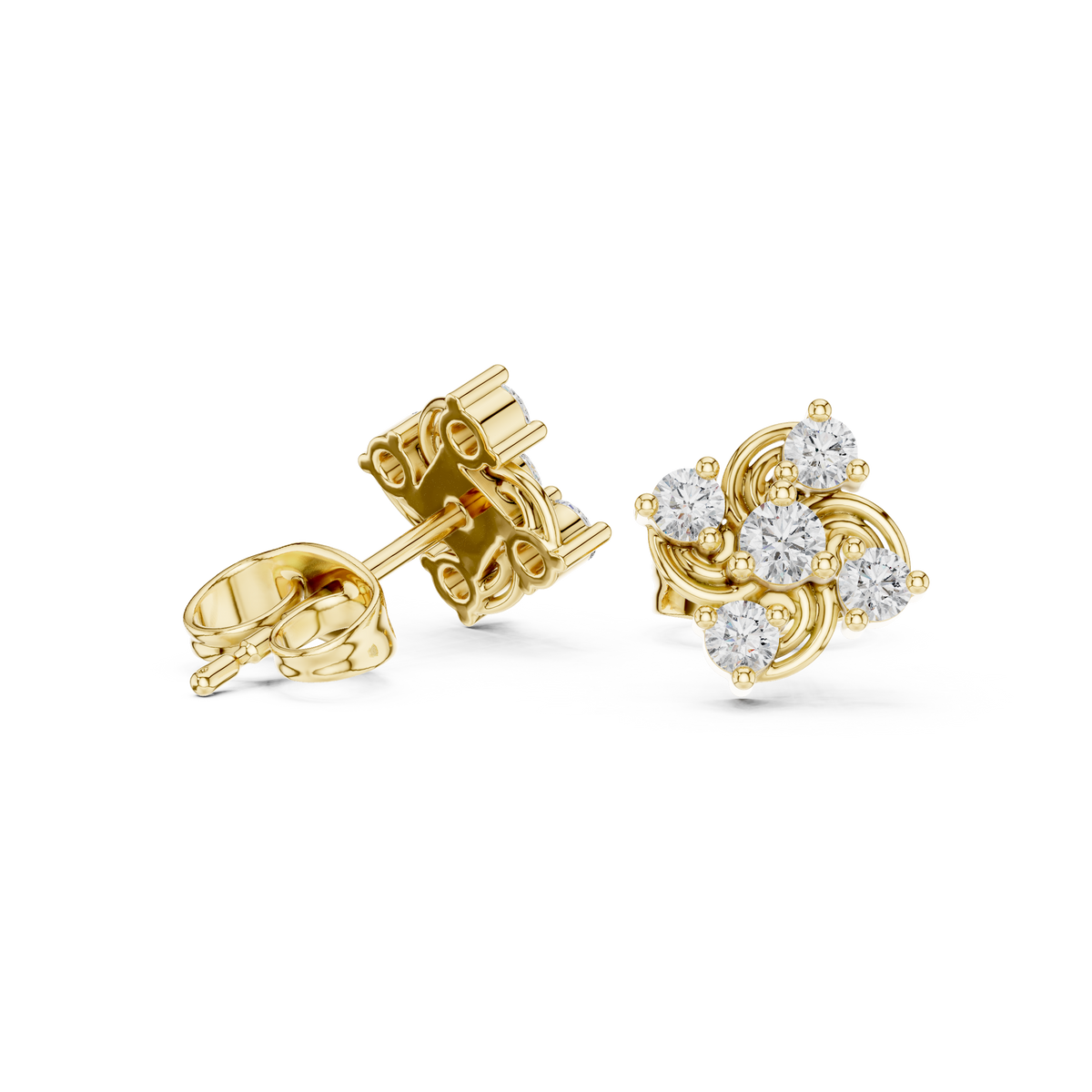 أقراط بتجمّع ألماس مزخرف ثلاثي الأوراق in Yellow Gold - VYKA Diamonds