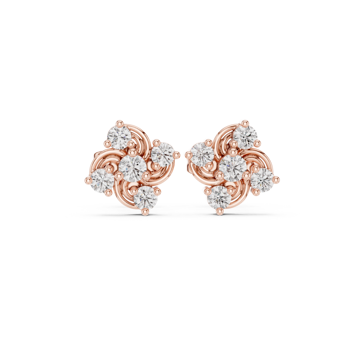 Scroll Trefoil Cluster Diamond Stud Earrings