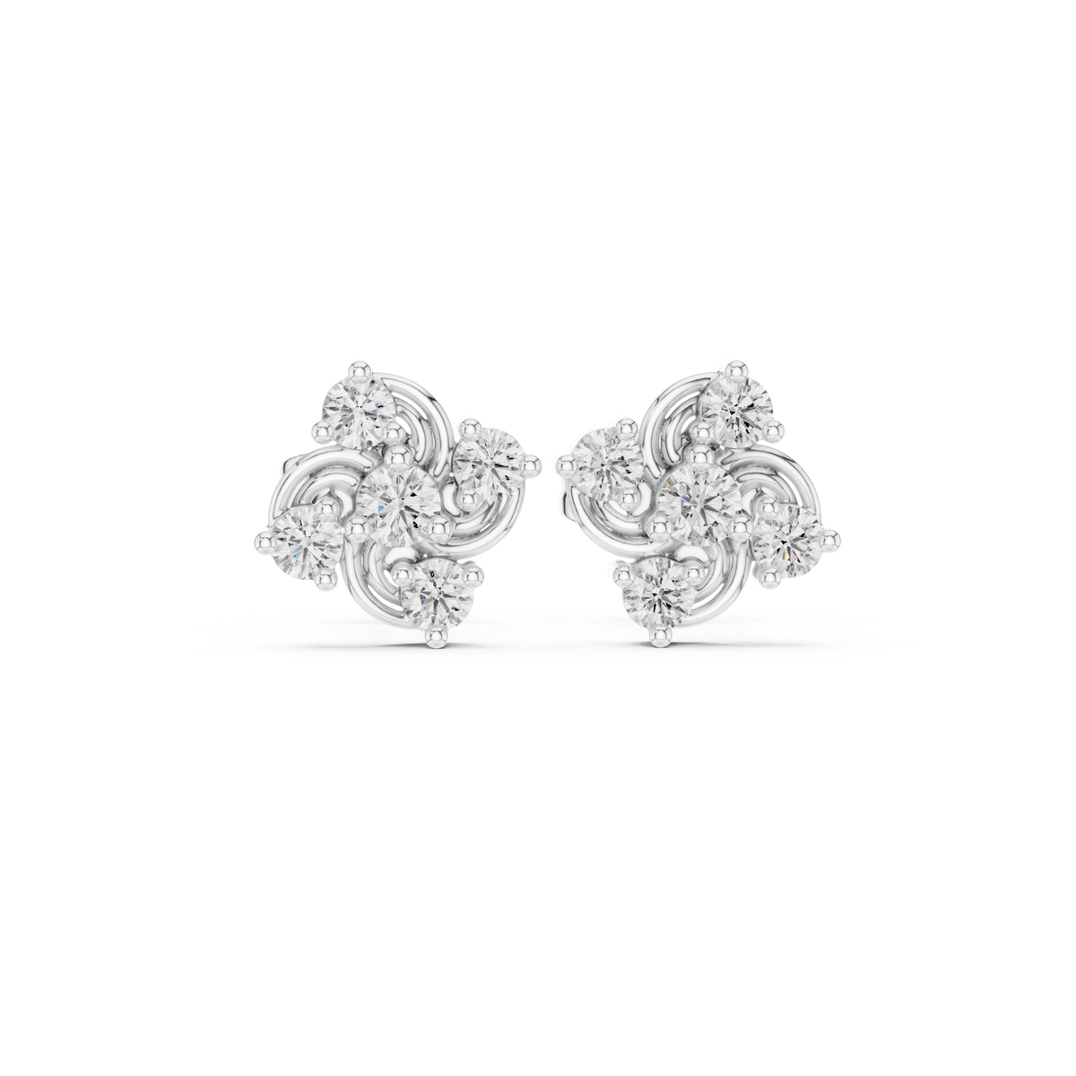 Scroll Trefoil Cluster Diamond Stud Earrings