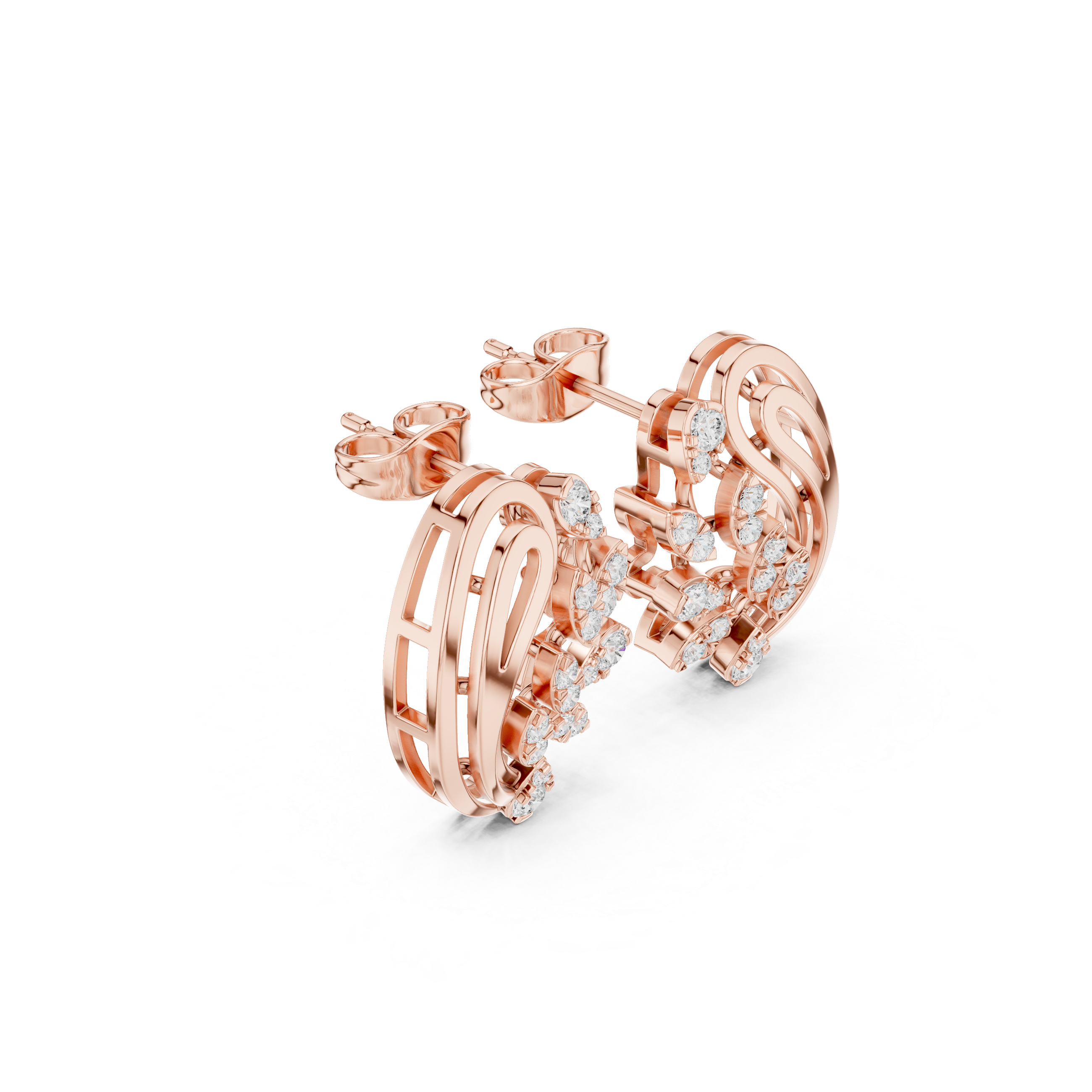 Structured Trellis Enamel Diamond Stud Earrings in Rose Gold - VYKA Diamonds