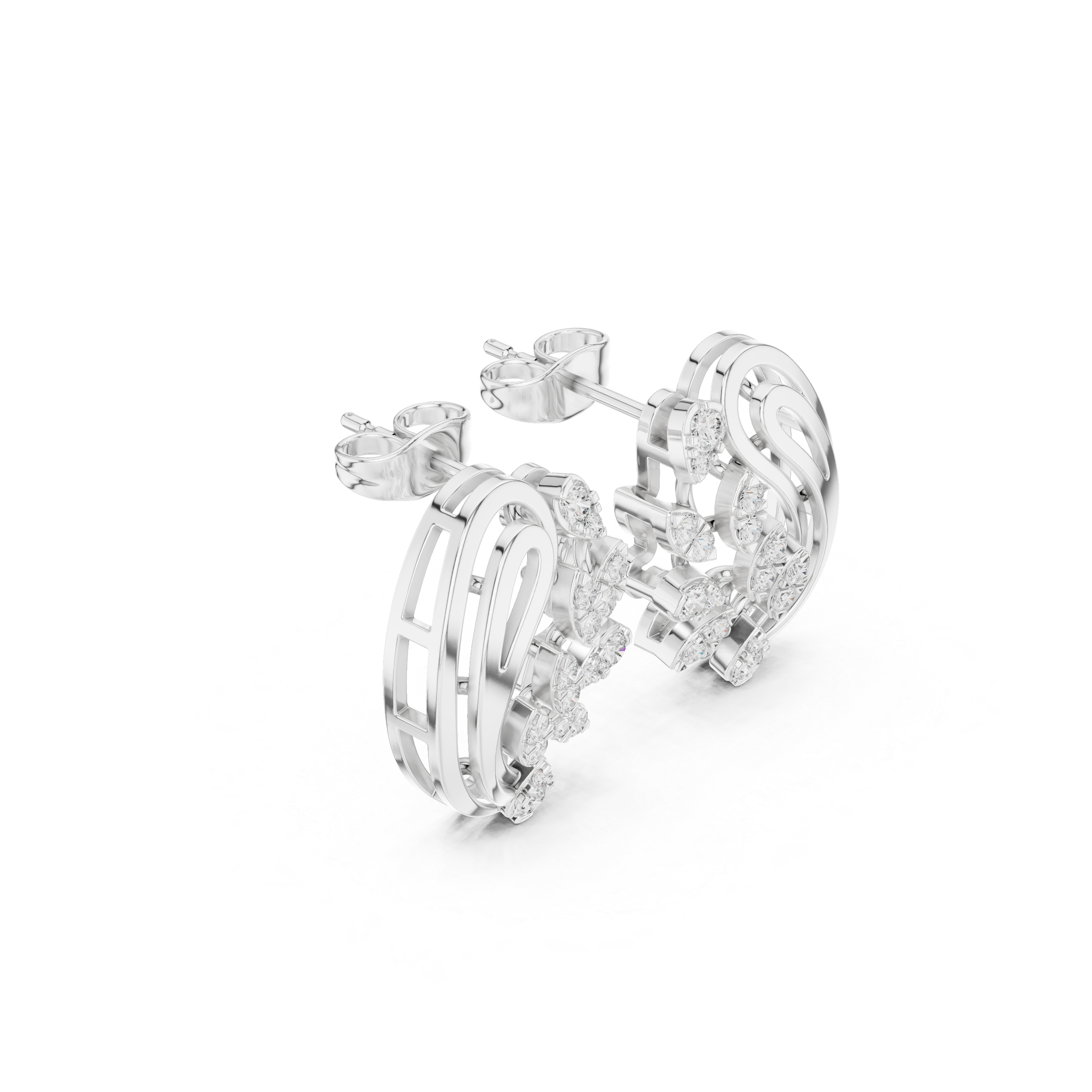 Structured Trellis Enamel Diamond Stud Earrings in White Gold - VYKA Diamonds