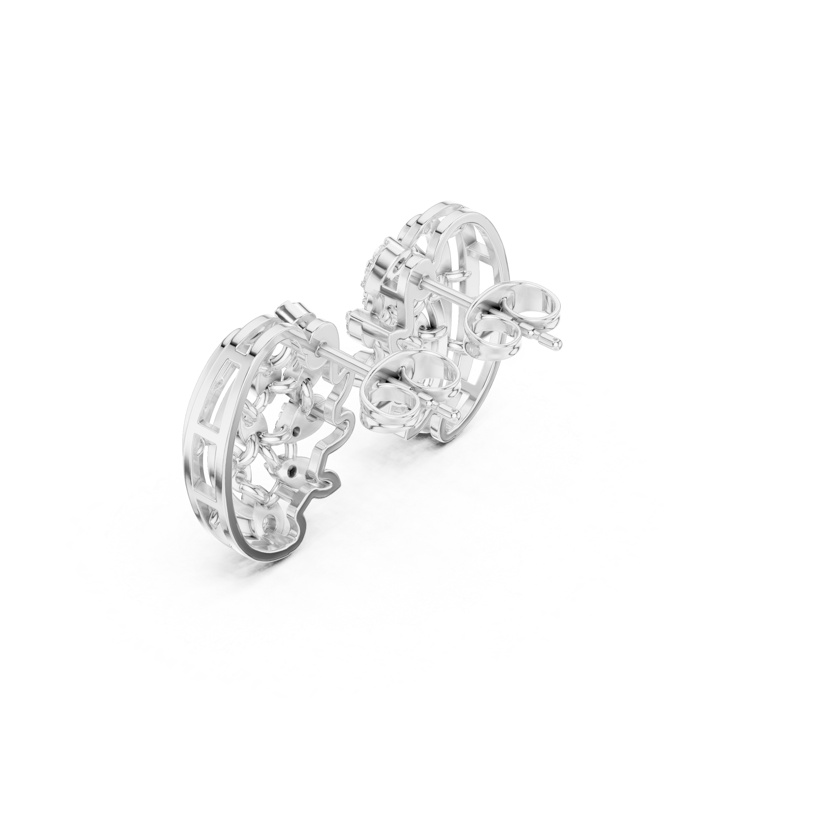 Structured Trellis Enamel Diamond Stud Earrings in White Gold - VYKA Diamonds