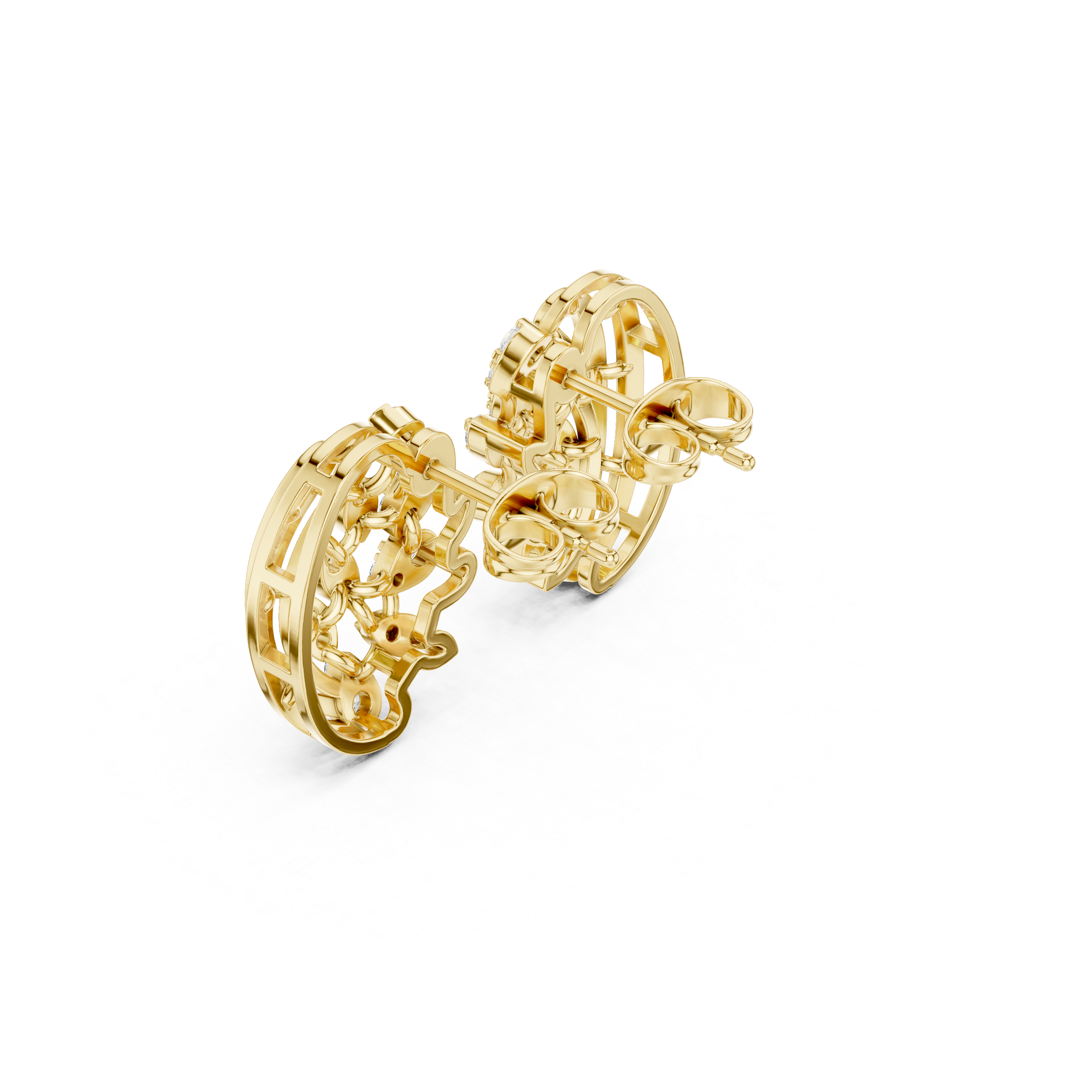 Structured Trellis Enamel Diamond Stud Earrings in Yellow Gold - VYKA Diamonds