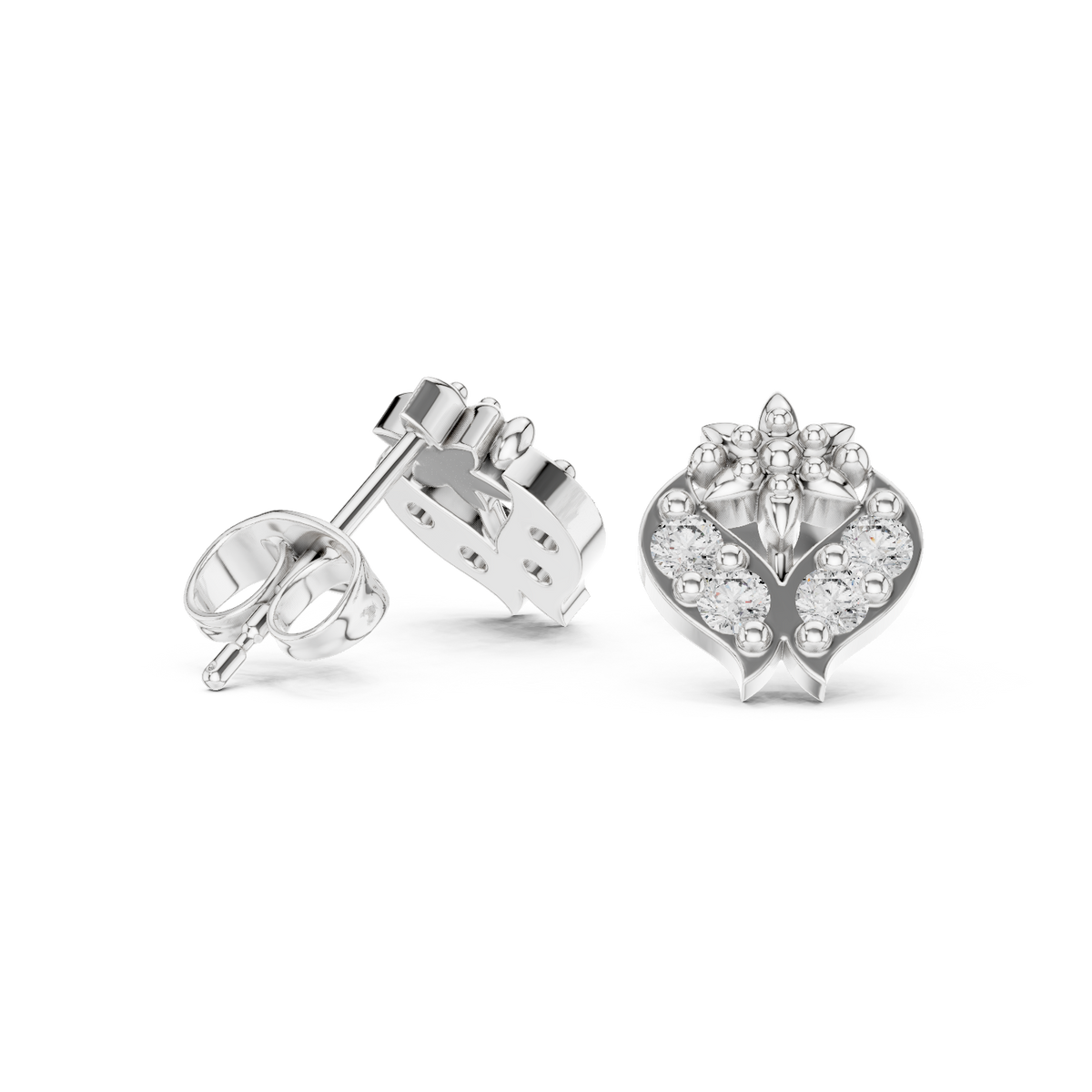 Ornate Fleur Heart Diamond Stud Earrings