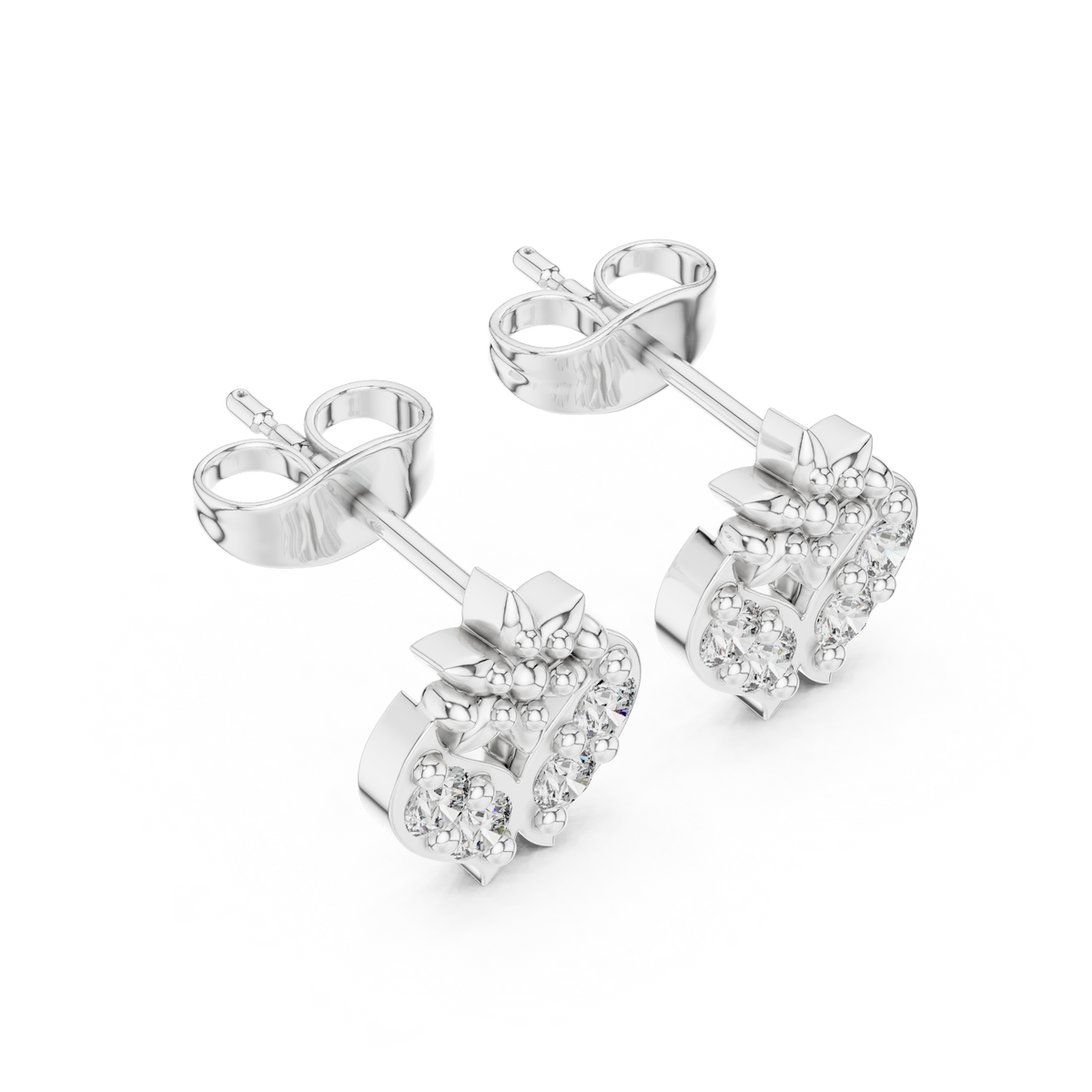 Ornate Fleur Heart Diamond Stud Earrings