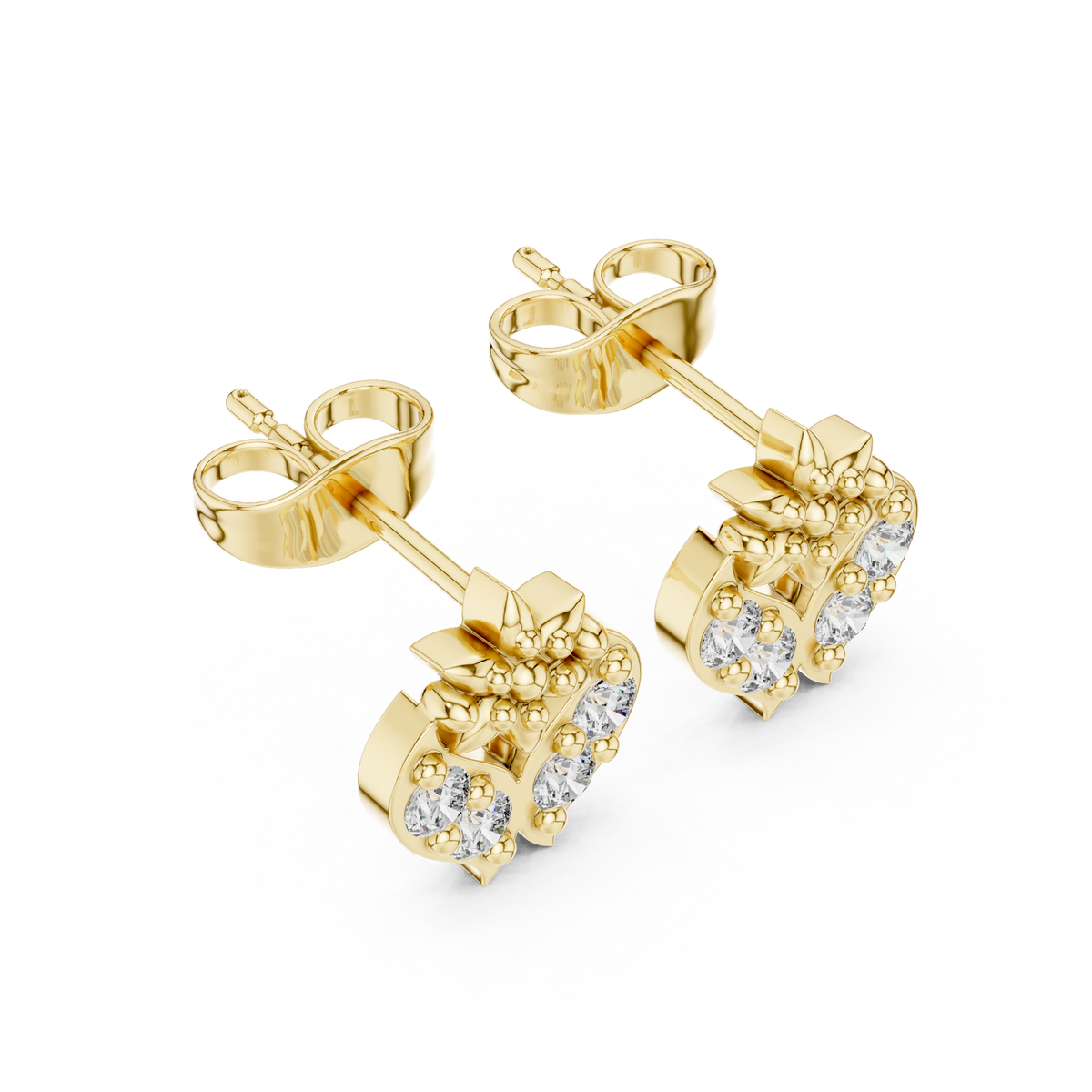 Ornate Fleur Heart Diamond Stud Earrings