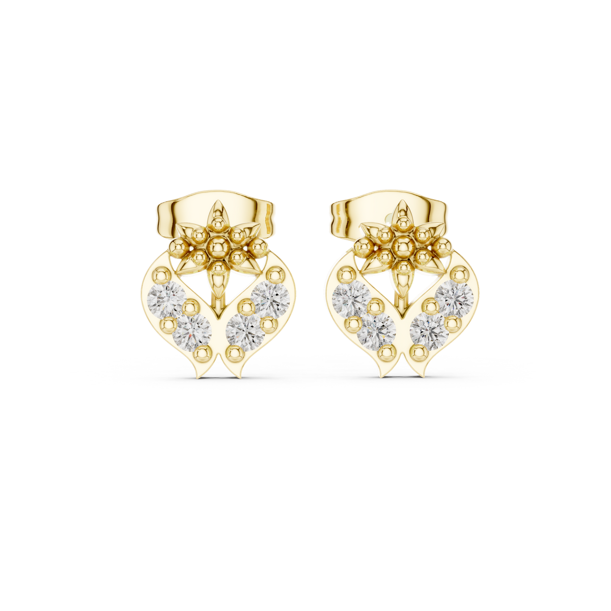 Ornate Fleur Heart Diamond Stud Earrings