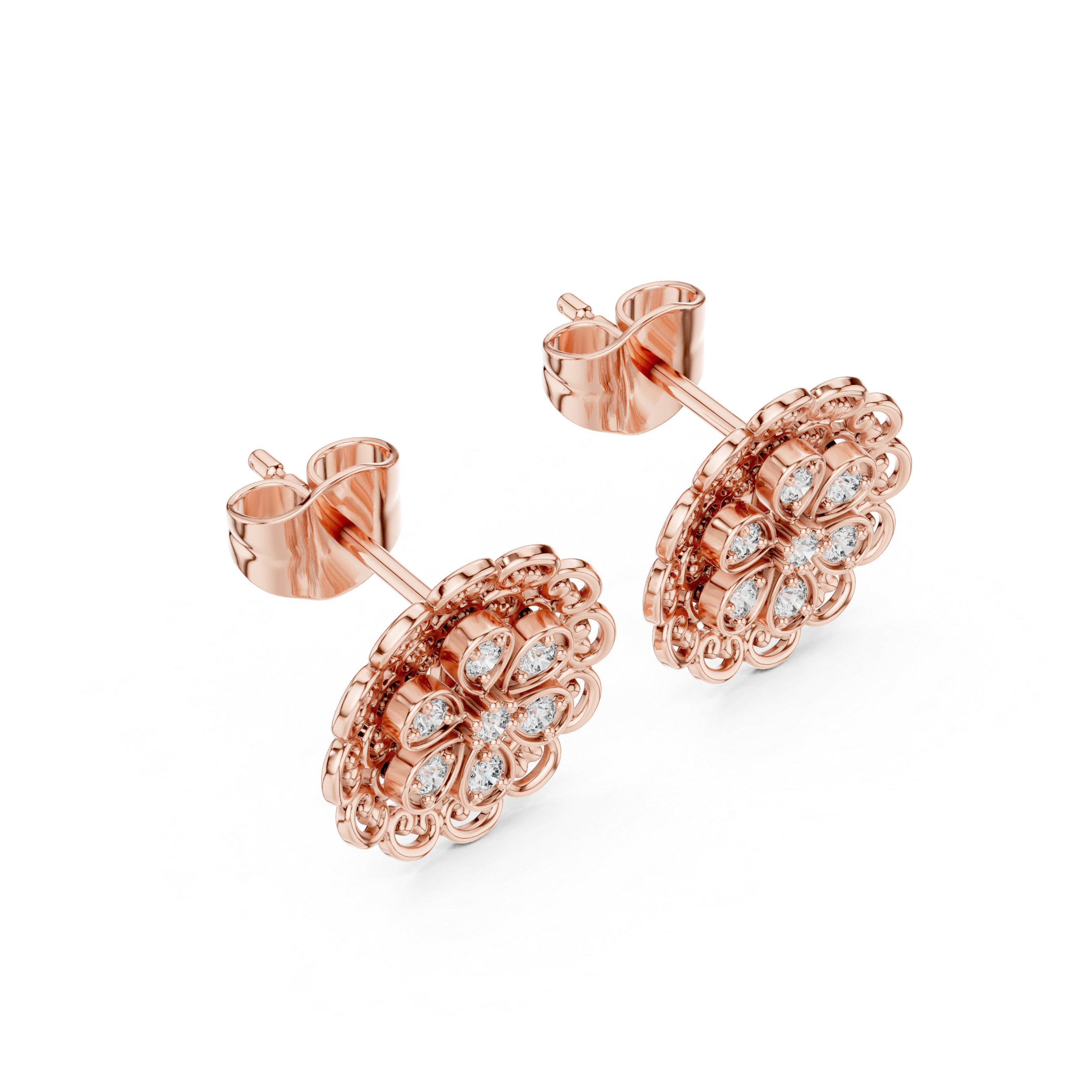 Baguette Rail Diamond Stud Earrings in Rose Gold - VYKA Diamonds