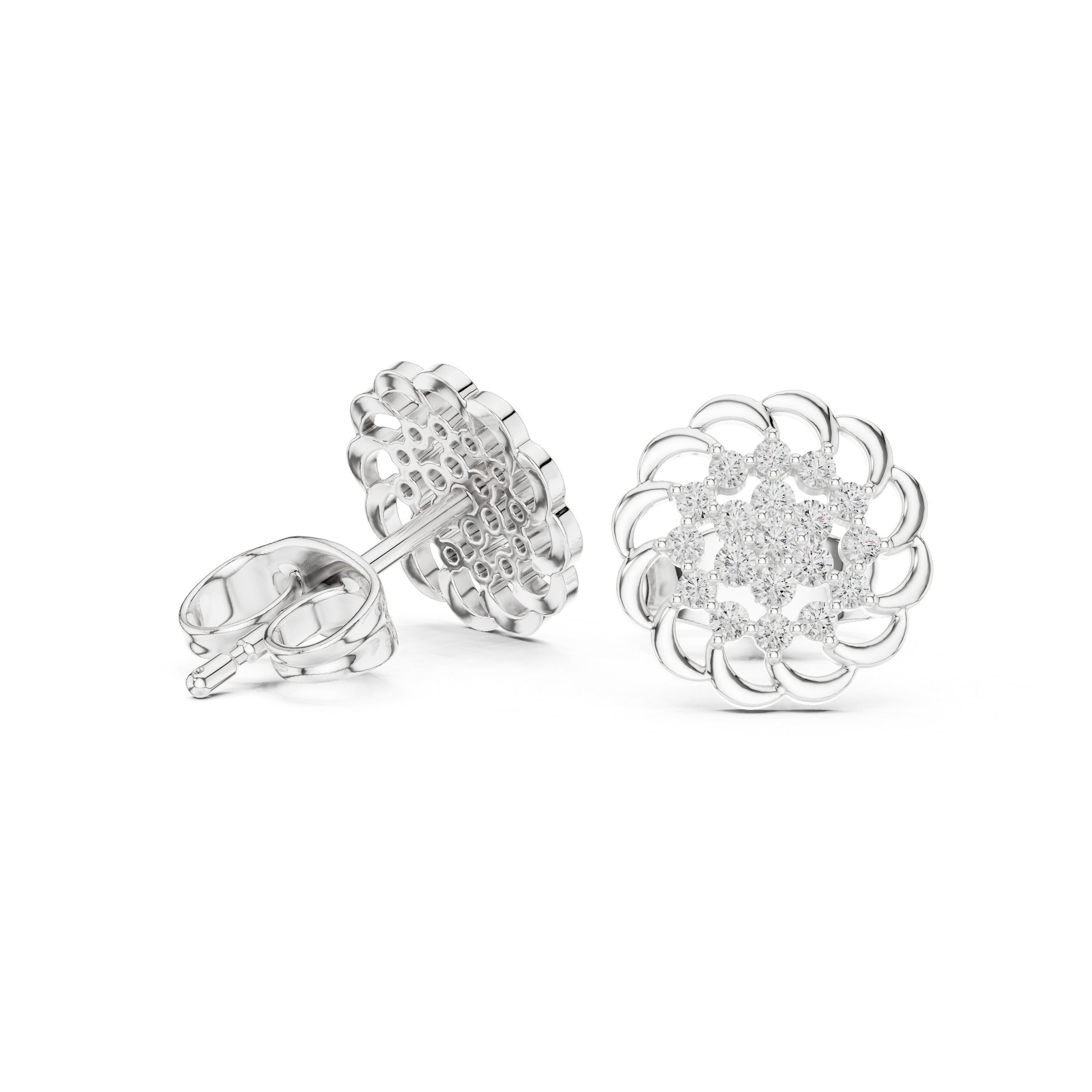 Rosette Cluster Diamond Stud Earrings in White Gold - VYKA Diamonds