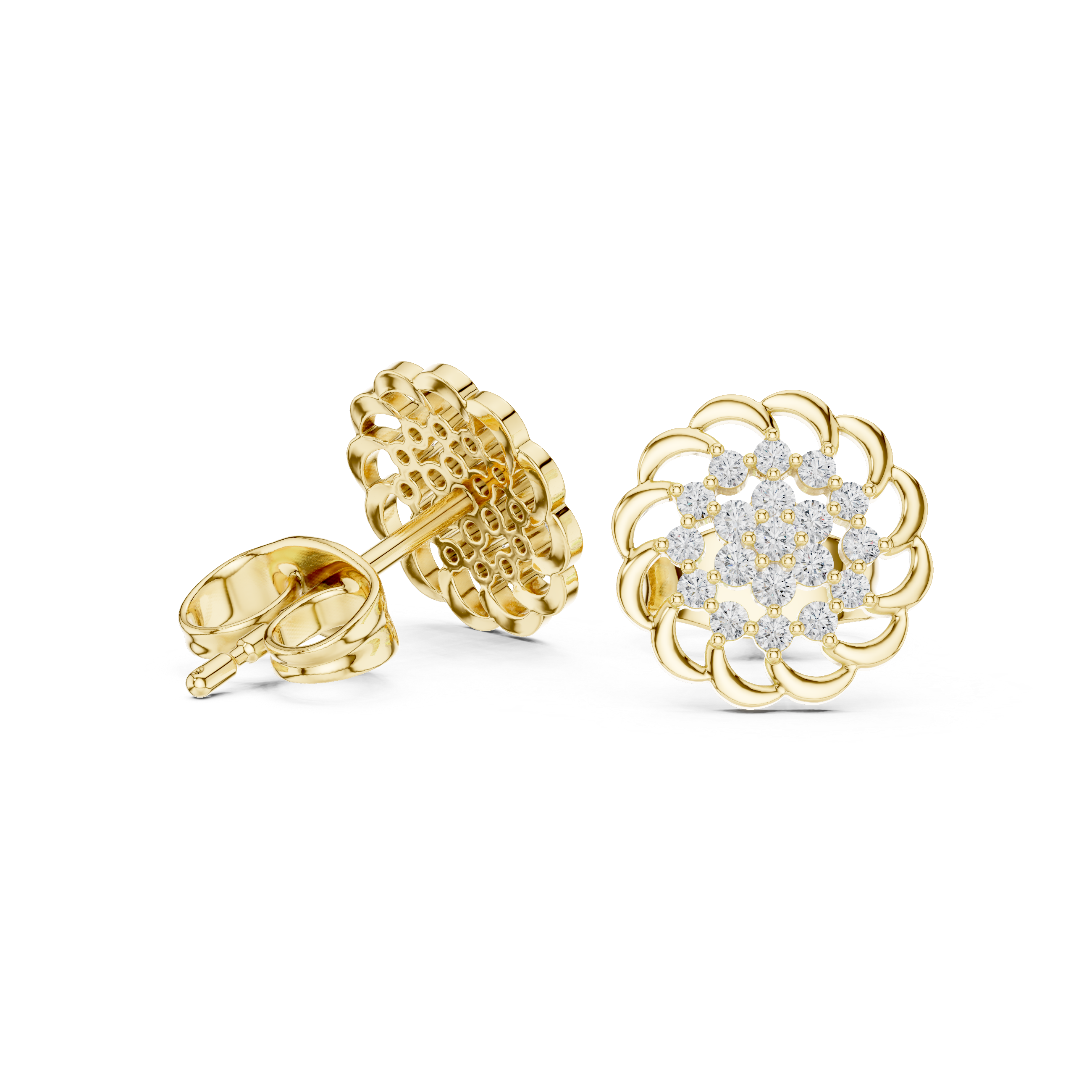 Rosette Cluster Diamond Stud Earrings in Yellow Gold - VYKA Diamonds