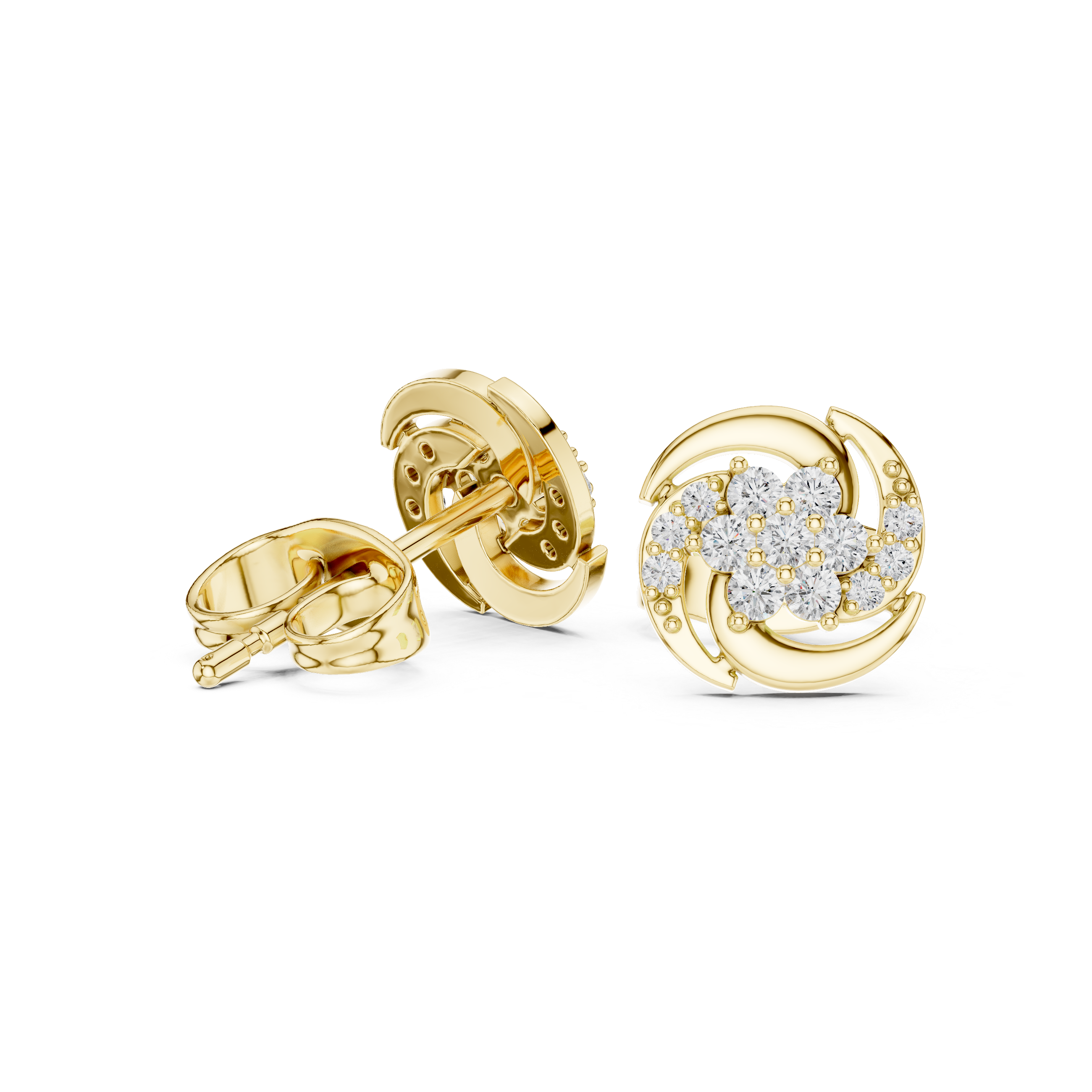 Emerald Cut Halo Pave Diamond Stud Earrings in Yellow Gold - VYKA Diamonds