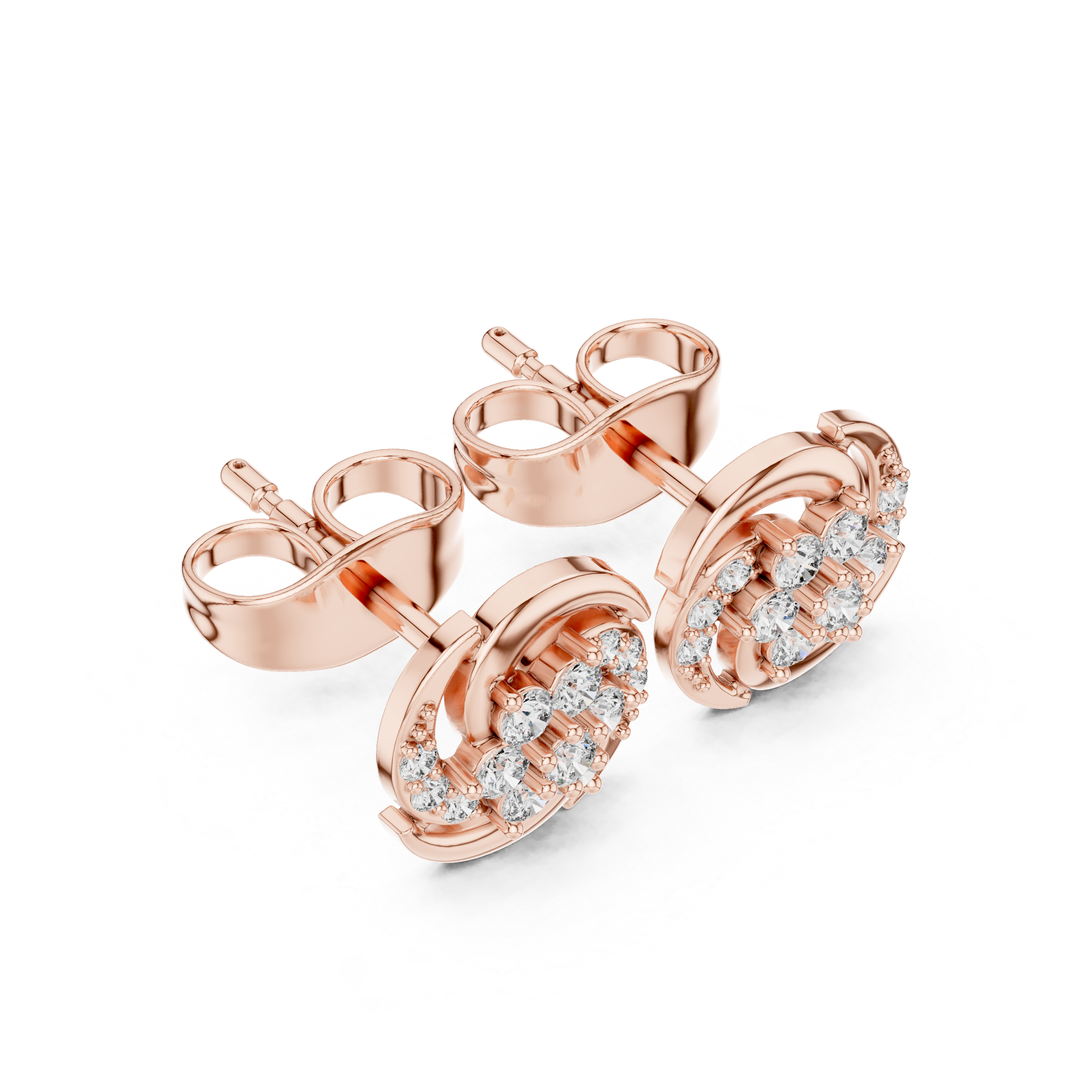Emerald Cut Halo Pave Diamond Stud Earrings in Rose Gold - VYKA Diamonds