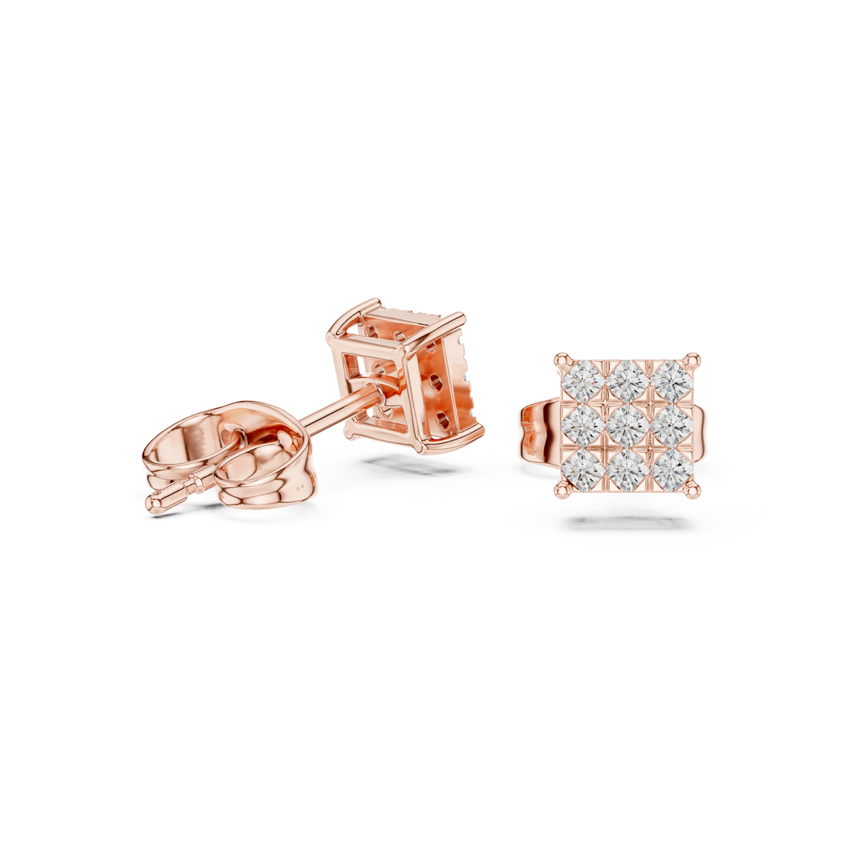 Square Nine Stone Diamond Stud Earrings