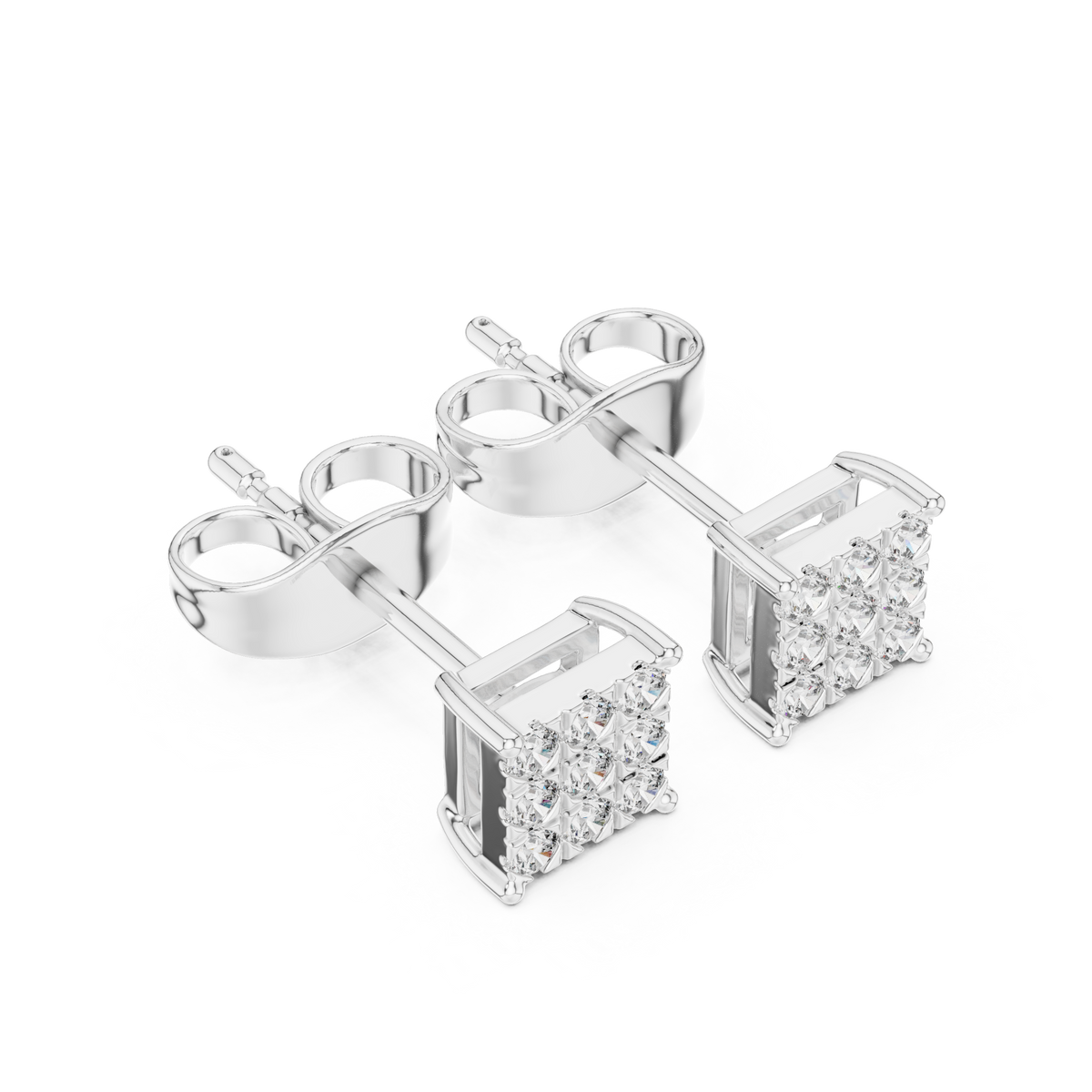 Square Nine Stone Diamond Stud Earrings