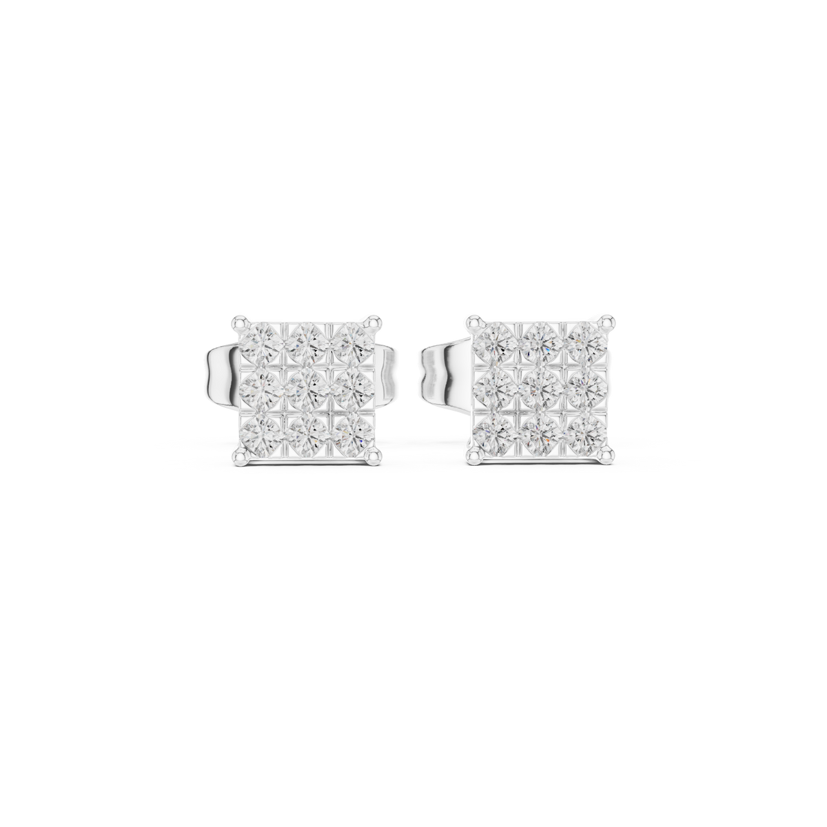 Square Nine Stone Diamond Stud Earrings