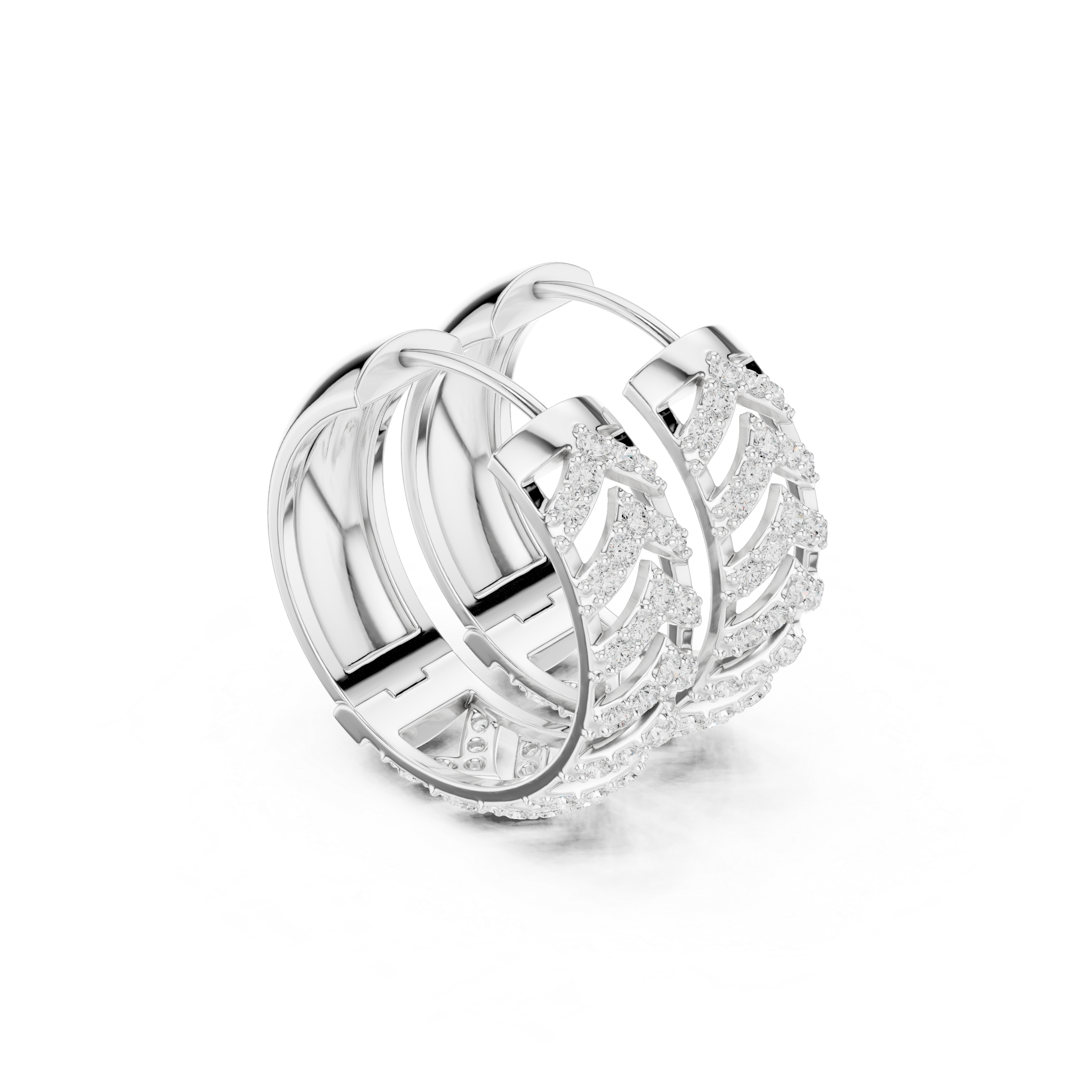 Stepped Grid Diamond Hoop Earrings in White Gold - VYKA Diamonds