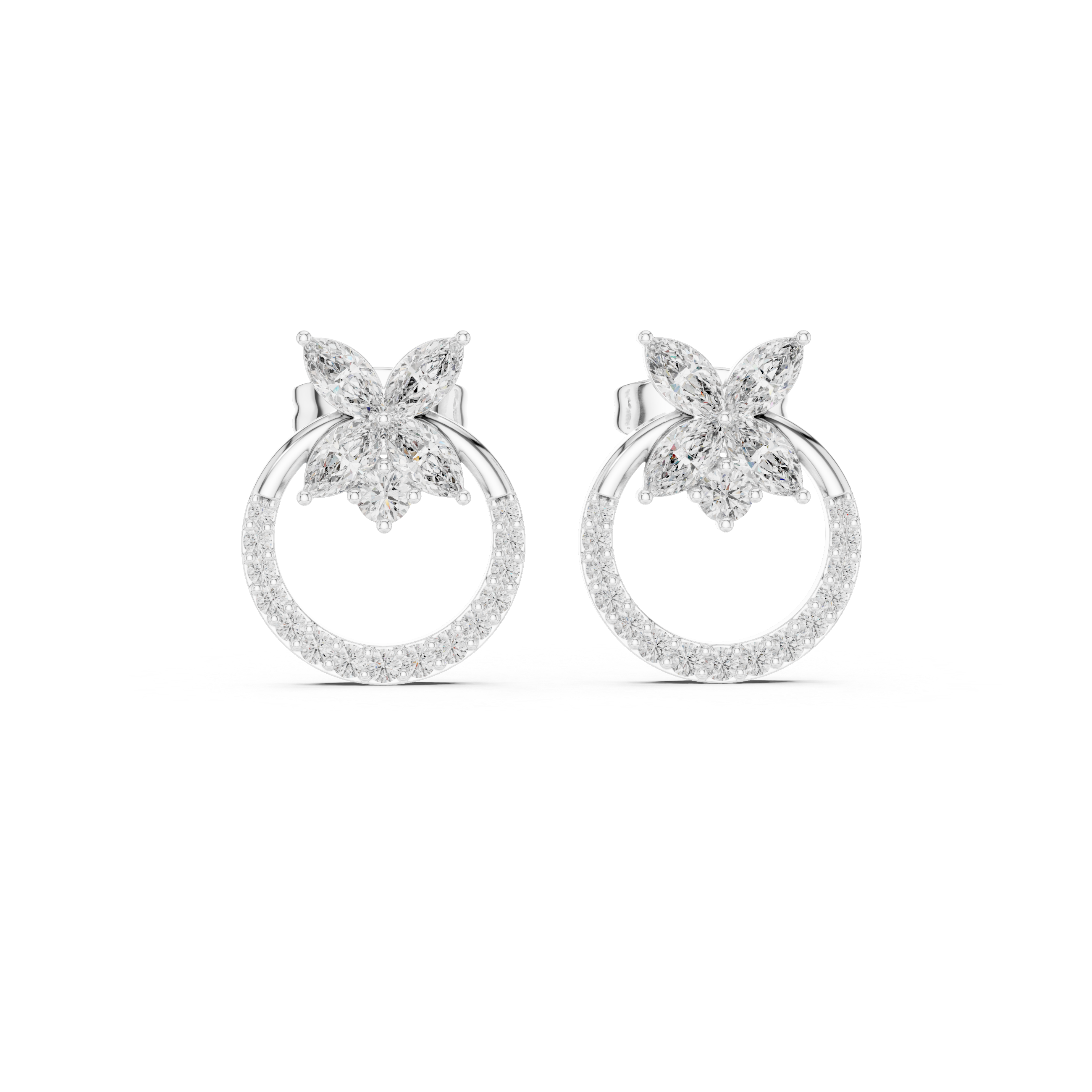Round Graduated Station Diamond Stud Earrings in White Gold - VYKA Diamonds