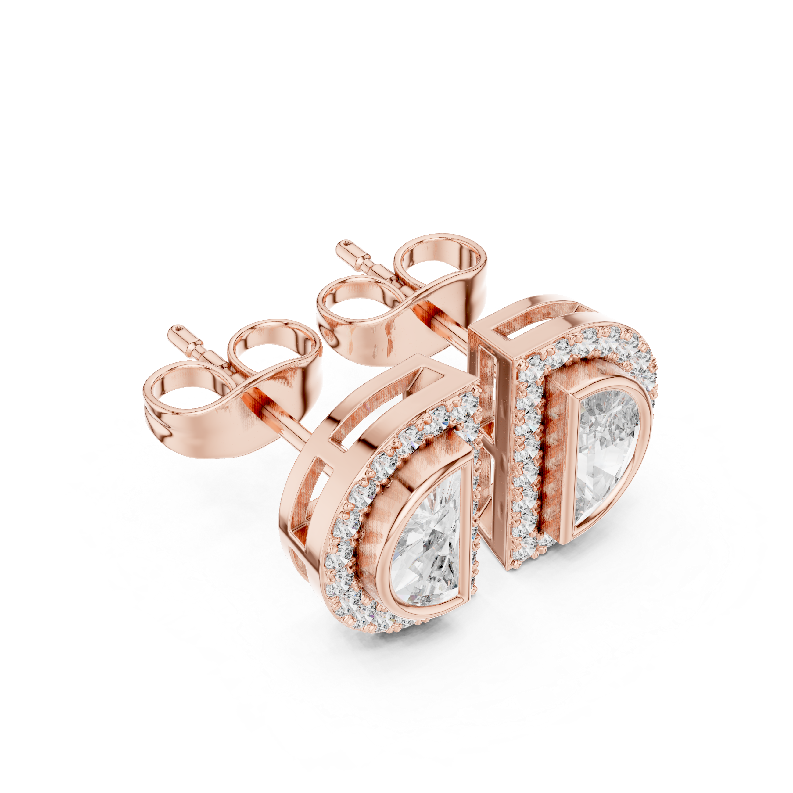 Emerald Bezel Chain Diamond Stud Earrings in Rose Gold - VYKA Diamonds