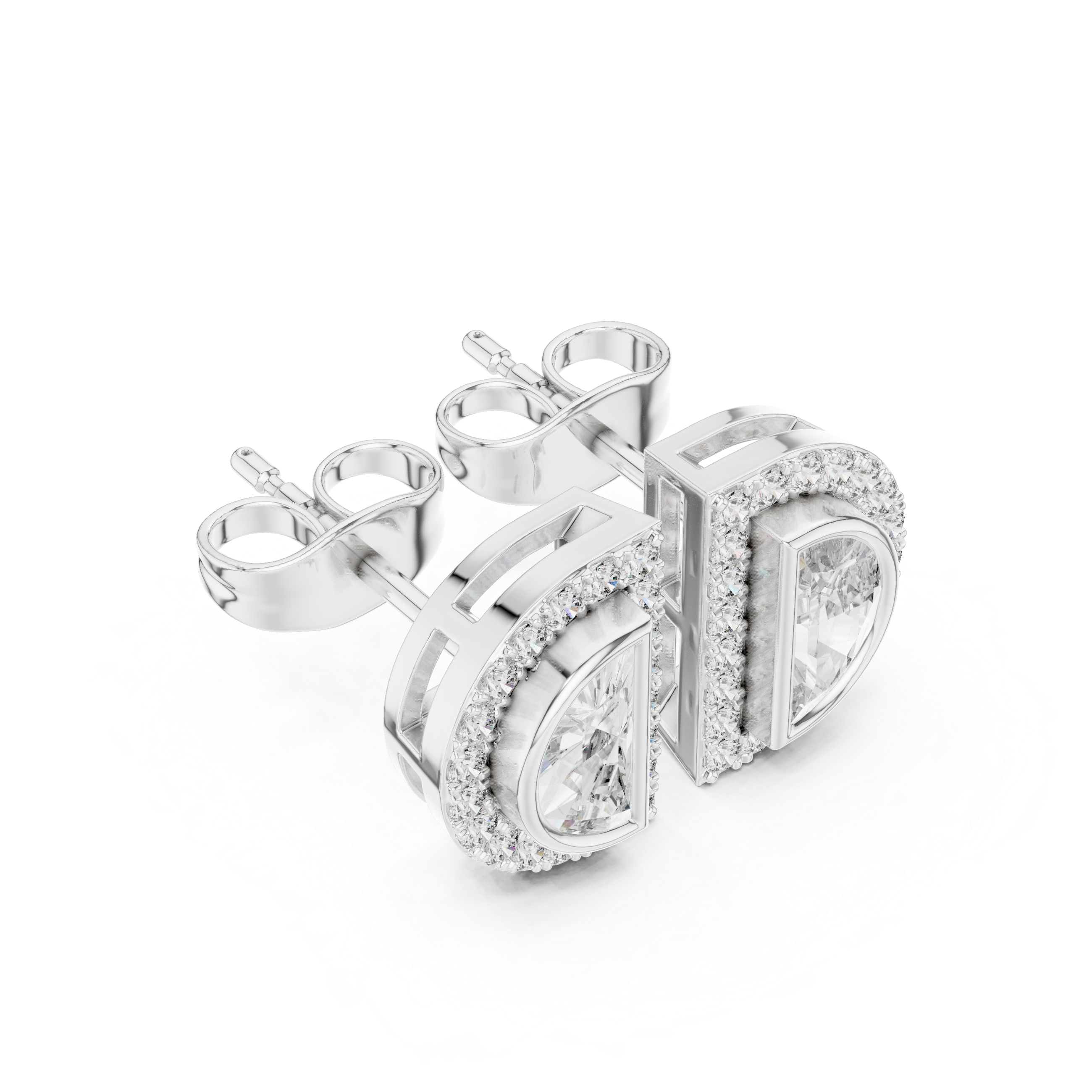 Emerald Bezel Chain Diamond Stud Earrings in White Gold - VYKA Diamonds