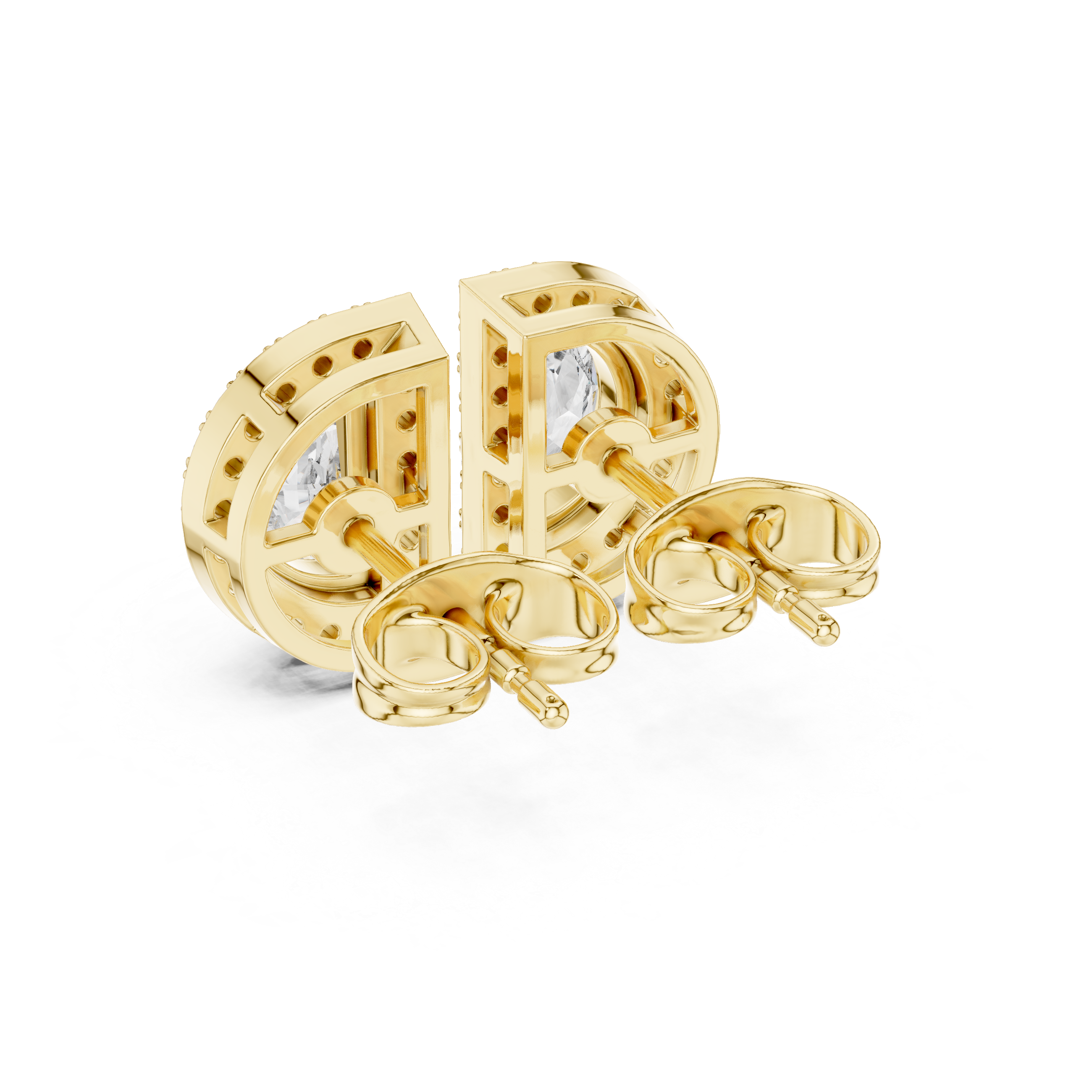 Emerald Bezel Chain Diamond Stud Earrings in Yellow Gold - VYKA Diamonds