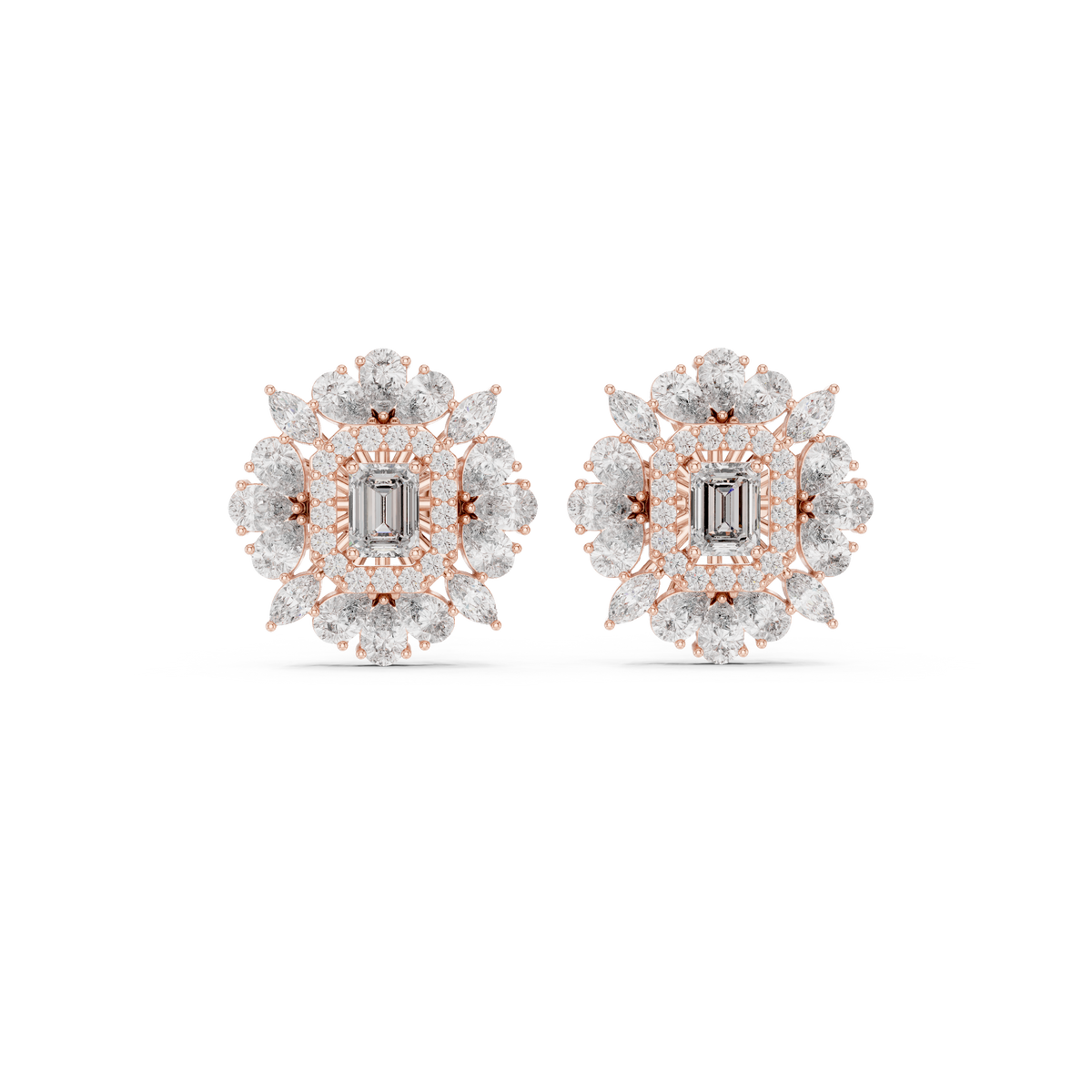 Emerald Cut Pear Halo Diamond Stud Earrings in Rose Gold - VYKA Diamonds