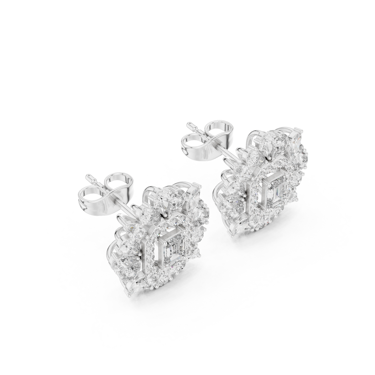 Emerald Cut Pear Halo Diamond Stud Earrings