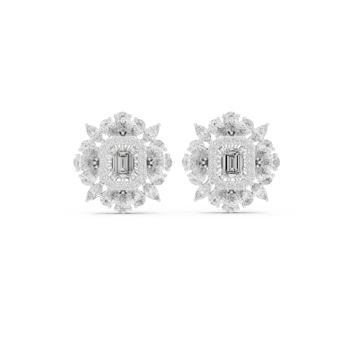 Emerald Cut Pear Halo Diamond Stud Earrings in White Gold - VYKA Diamonds