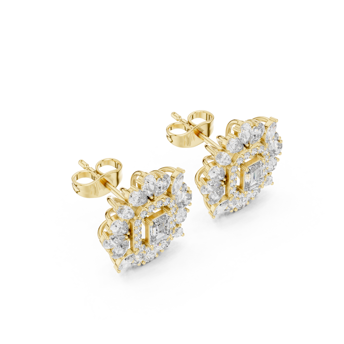 Emerald Cut Pear Halo Diamond Stud Earrings
