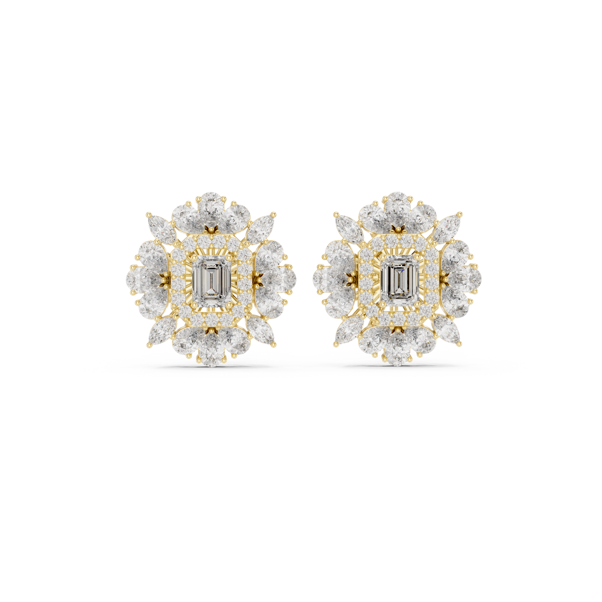 Emerald Cut Pear Halo Diamond Stud Earrings