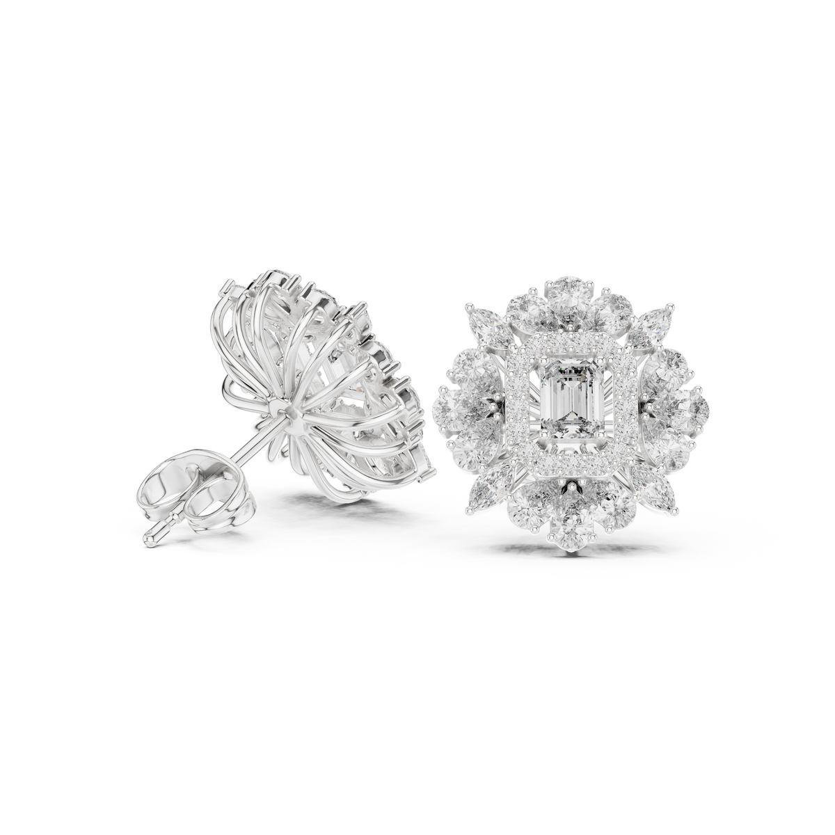 Emerald Cut Pear Halo Diamond Stud Earrings