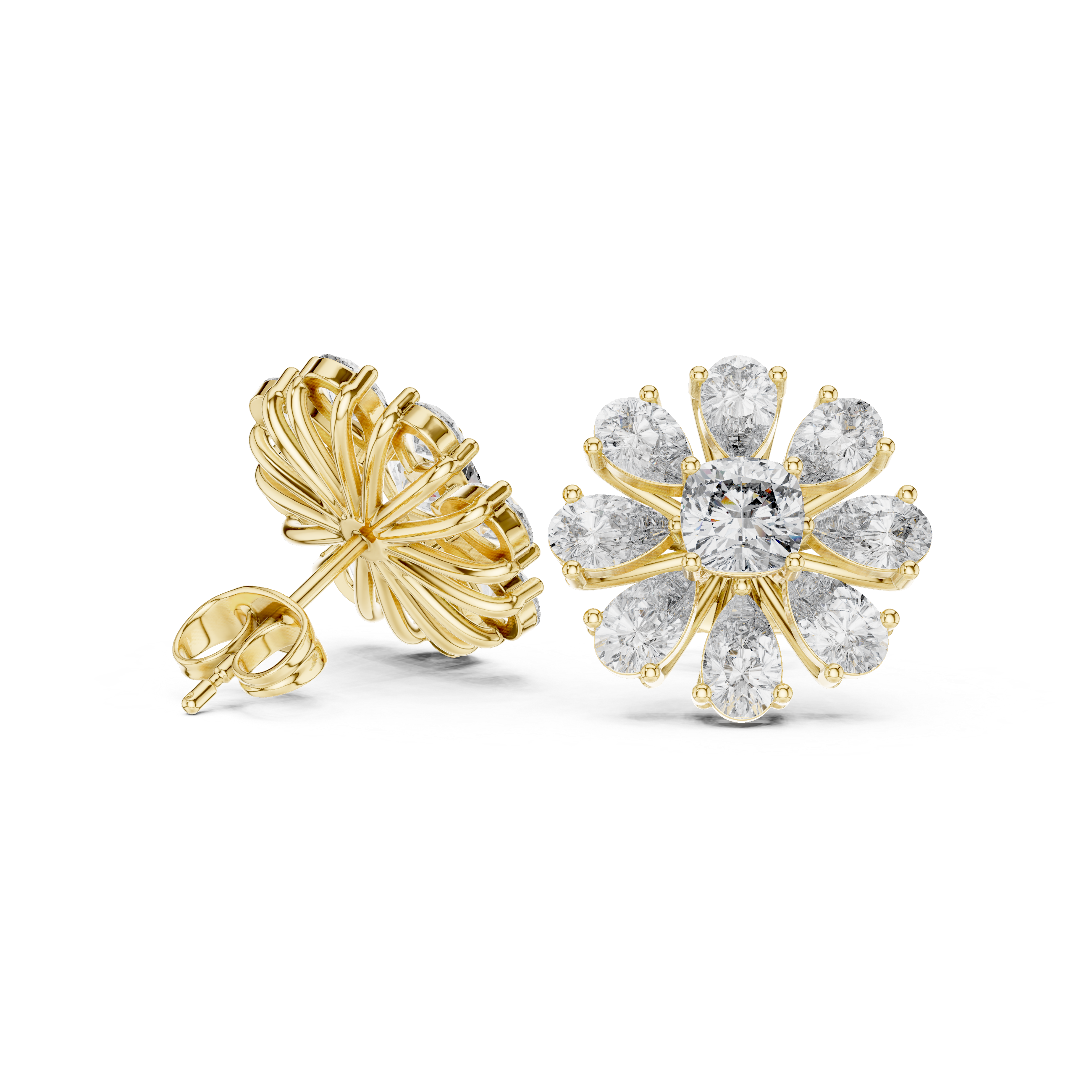 Mixed Shape Cascade Diamond Stud Earrings in Yellow Gold - VYKA Diamonds