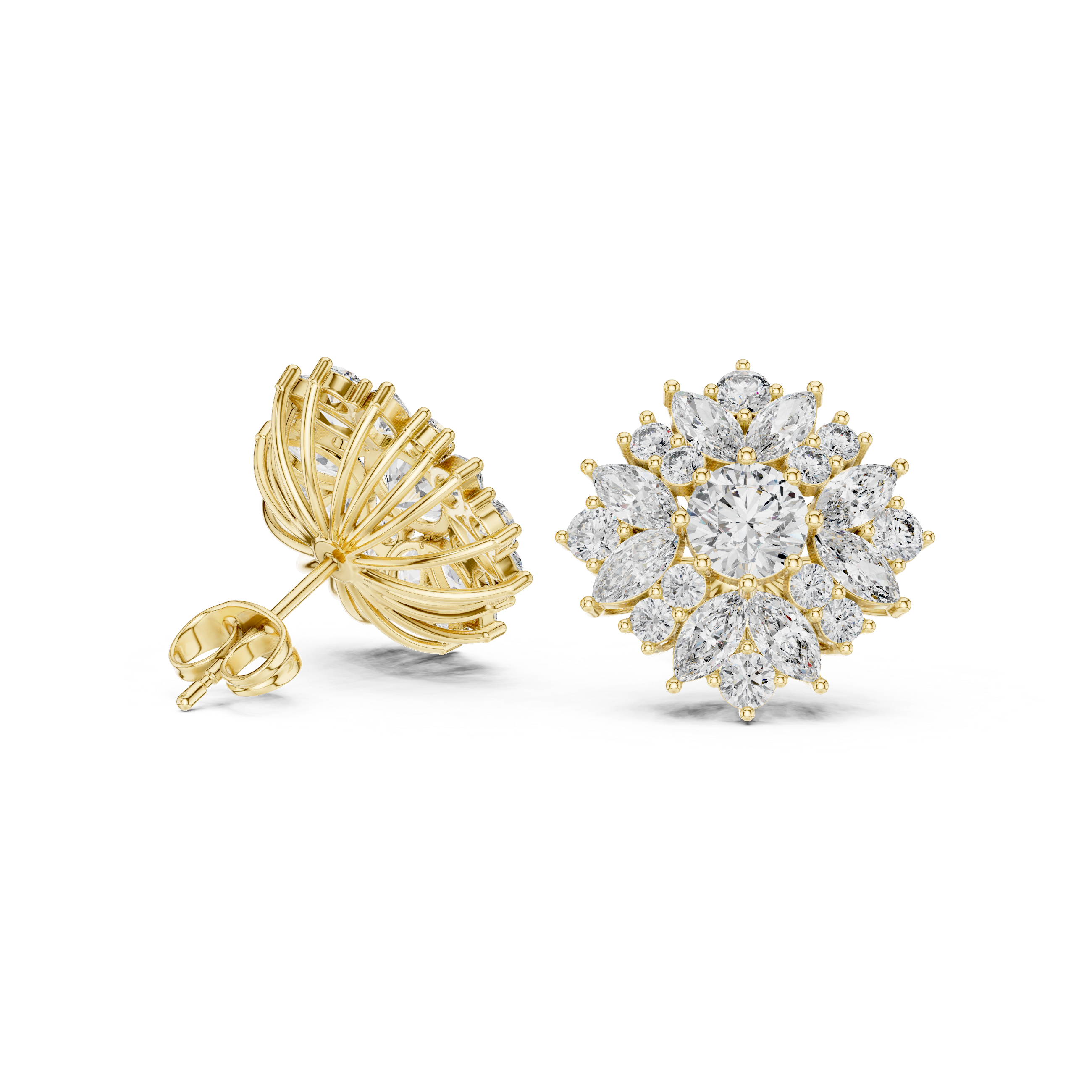 Cushion Bezel Halo Diamond Stud Earrings in Yellow Gold - VYKA Diamonds