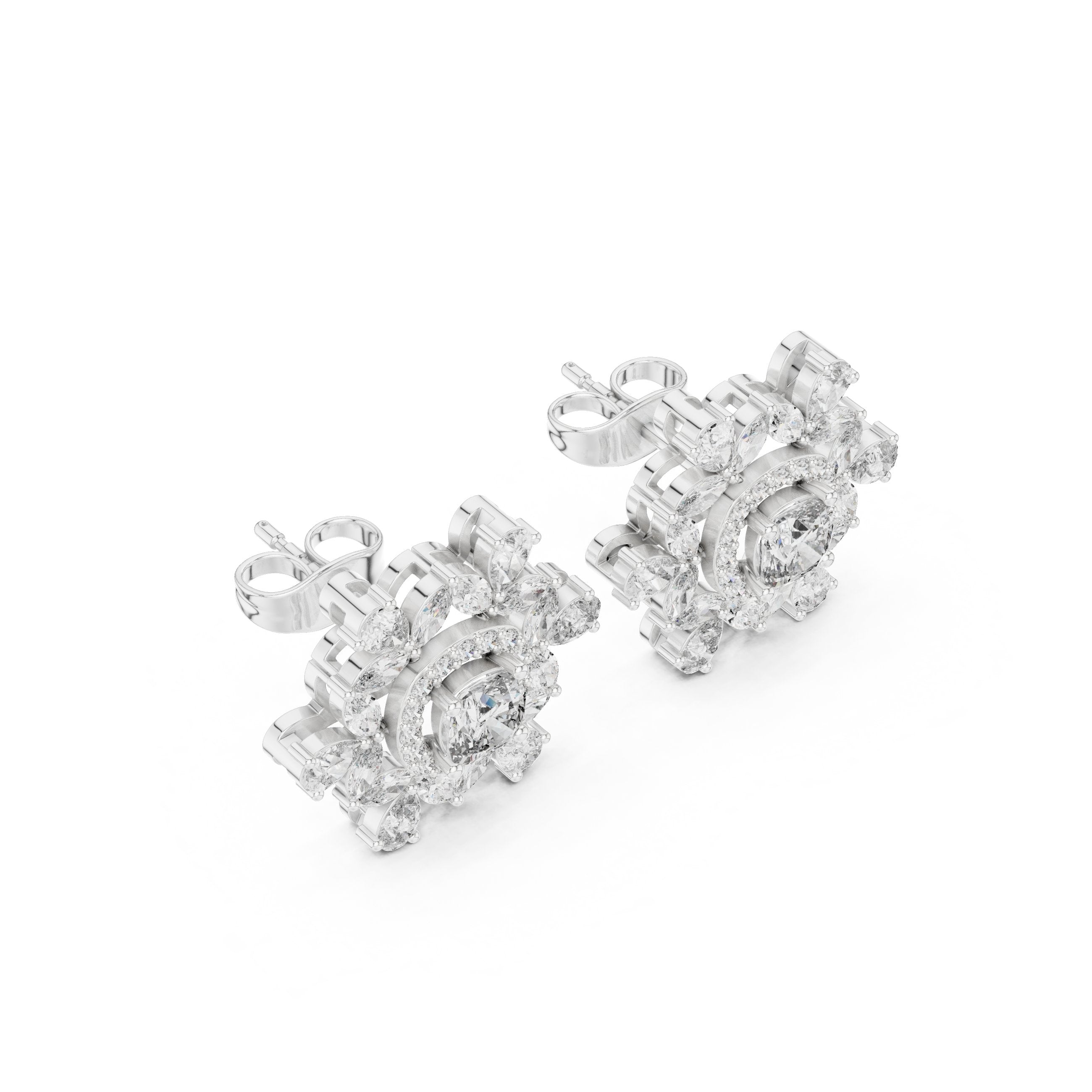 Cushion Twisted Halo Diamond Stud Earrings in White Gold - VYKA Diamonds