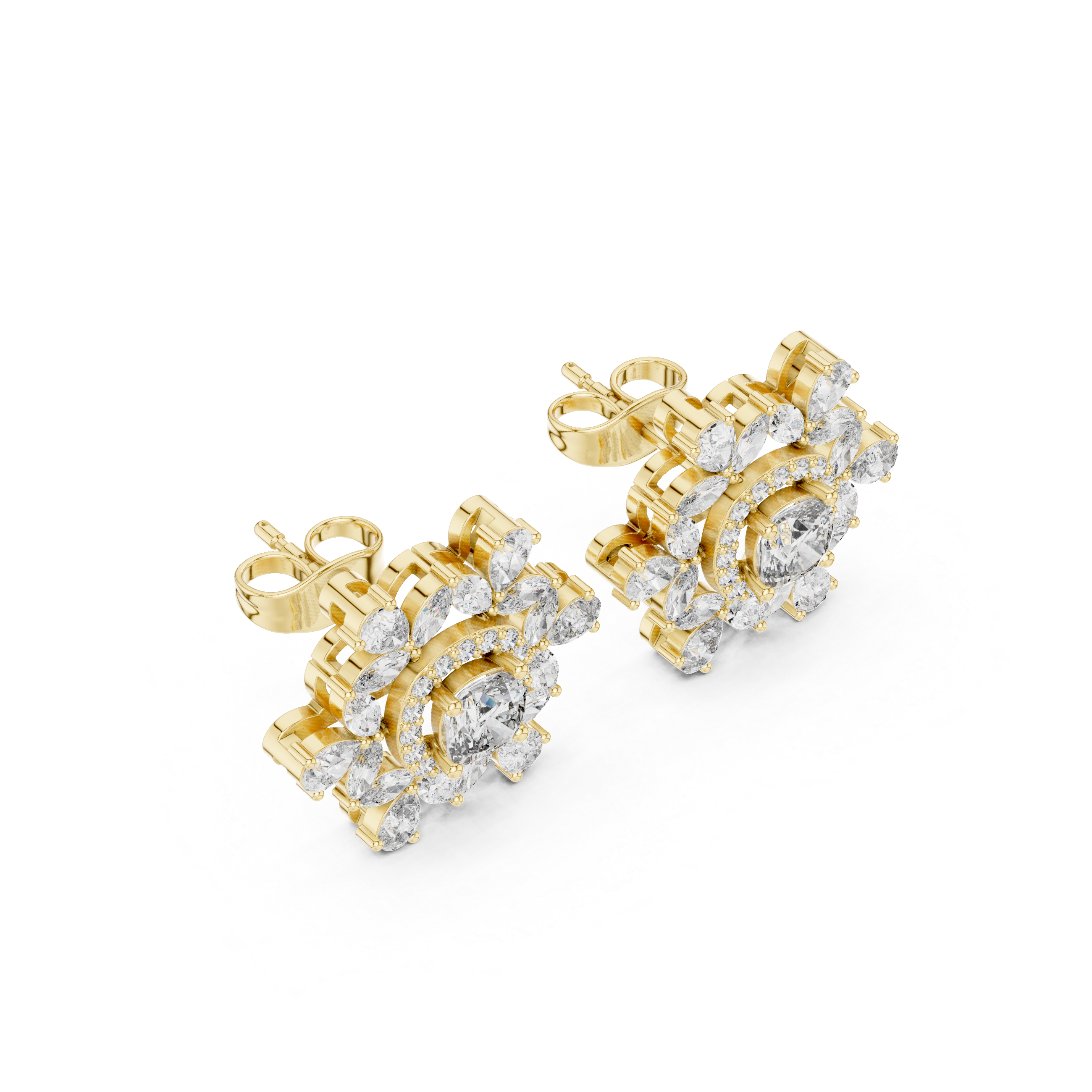 Cushion Twisted Halo Diamond Stud Earrings in Yellow Gold - VYKA Diamonds