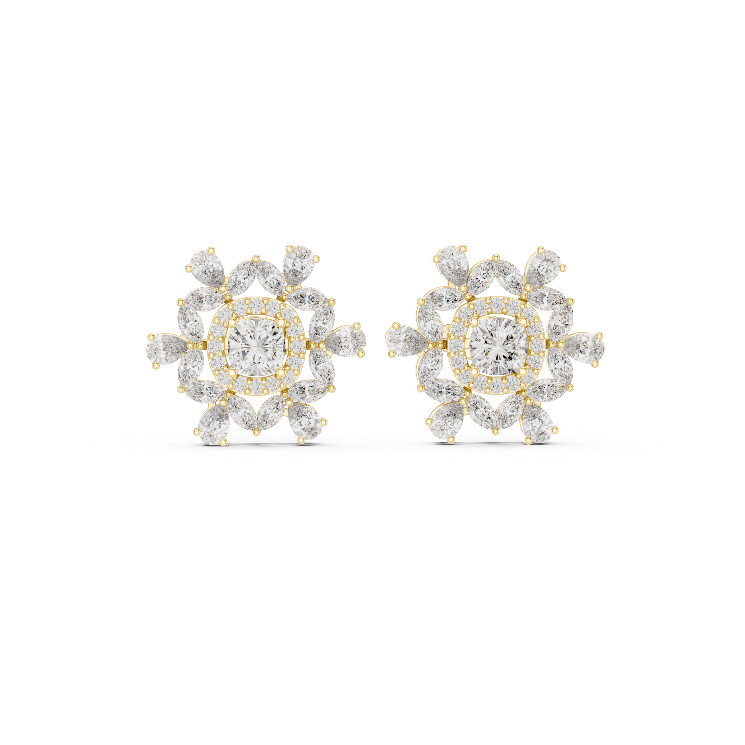Cushion Twisted Halo Diamond Stud Earrings in Yellow Gold - VYKA Diamonds