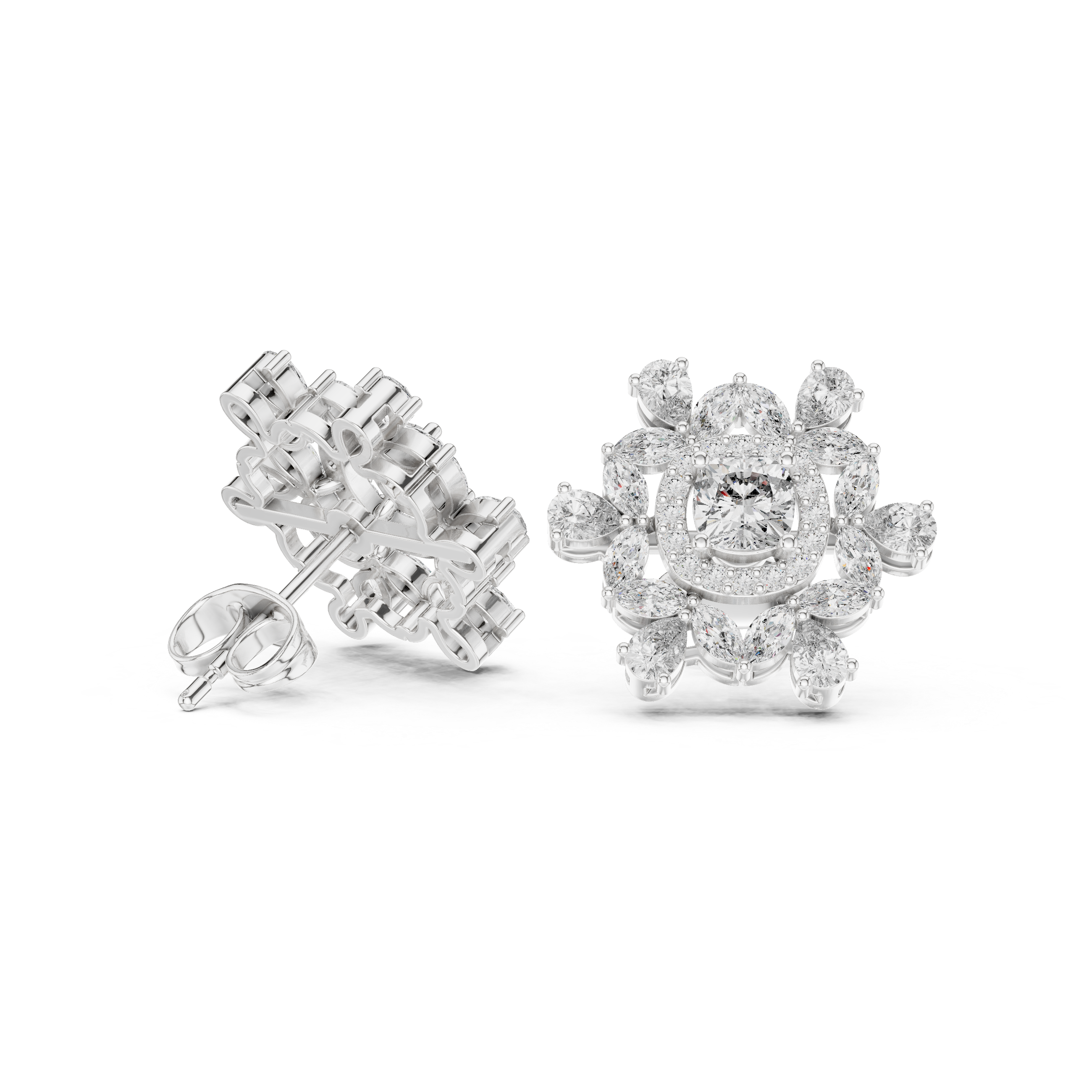 Cushion Twisted Halo Diamond Stud Earrings in White Gold - VYKA Diamonds