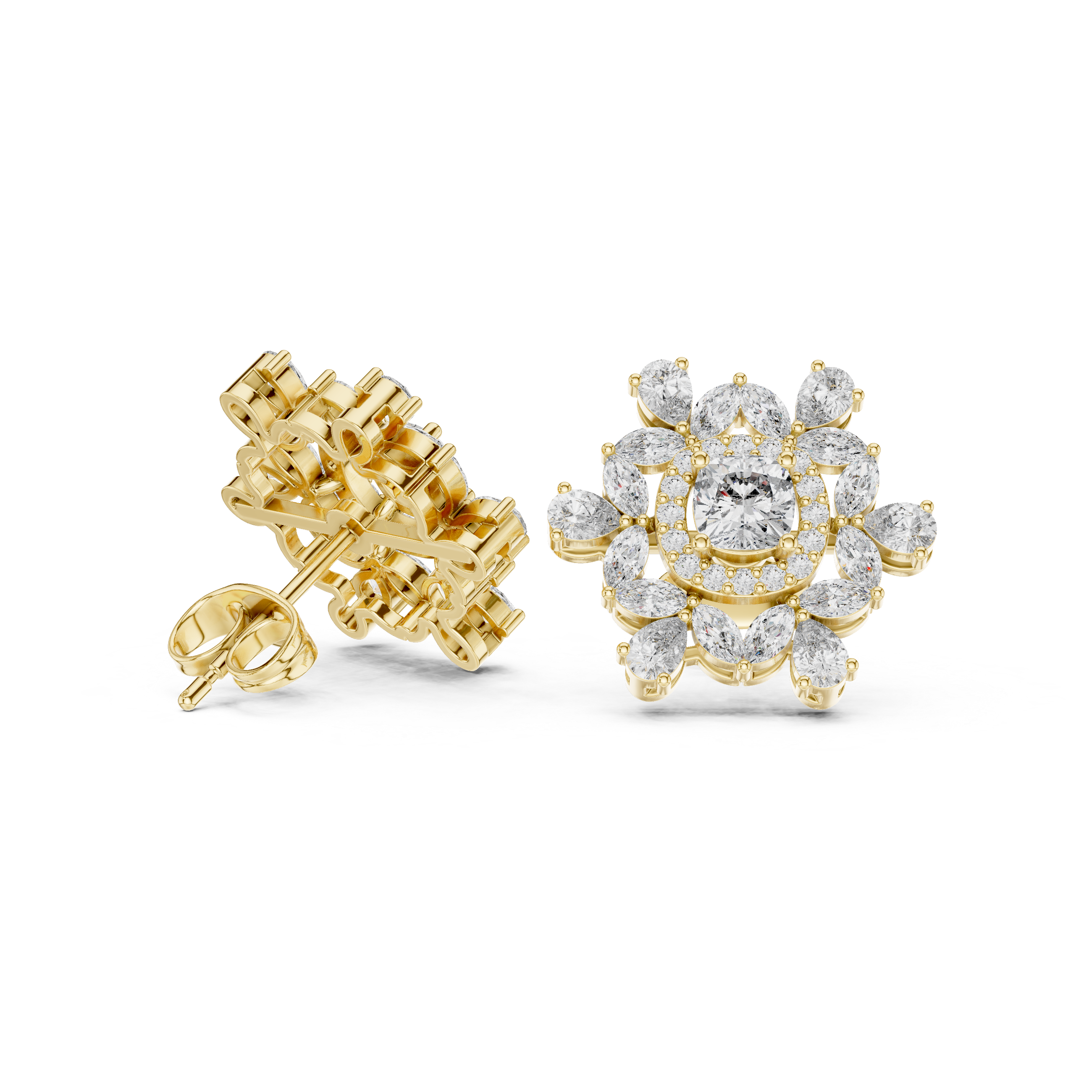 Cushion Twisted Halo Diamond Stud Earrings in Yellow Gold - VYKA Diamonds