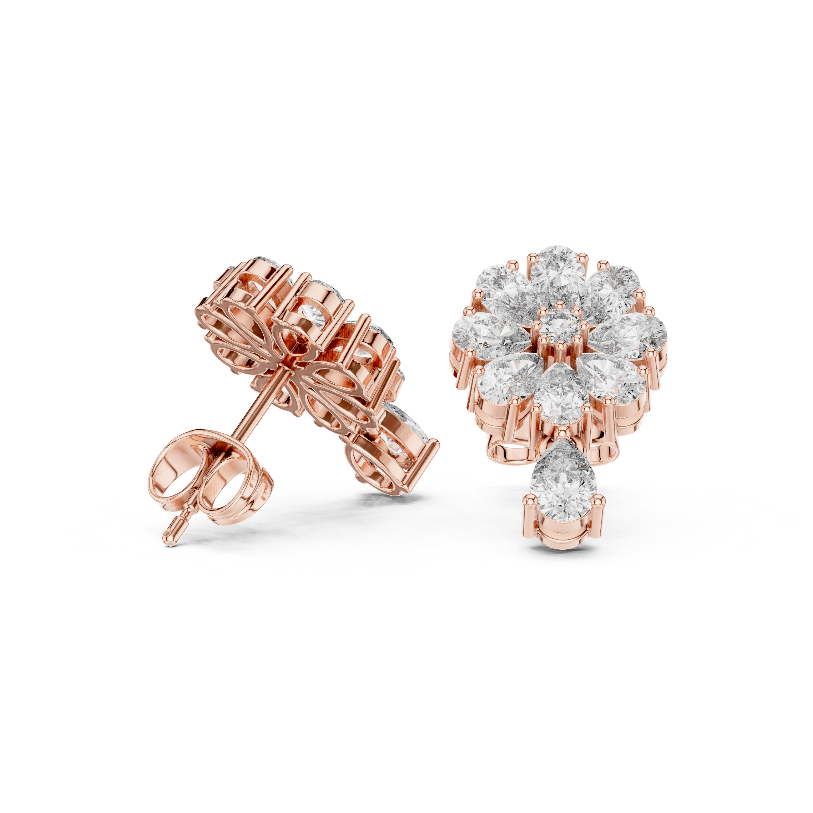 Radiant Twisted Halo Diamond Stud Earrings in Rose Gold - VYKA Diamonds
