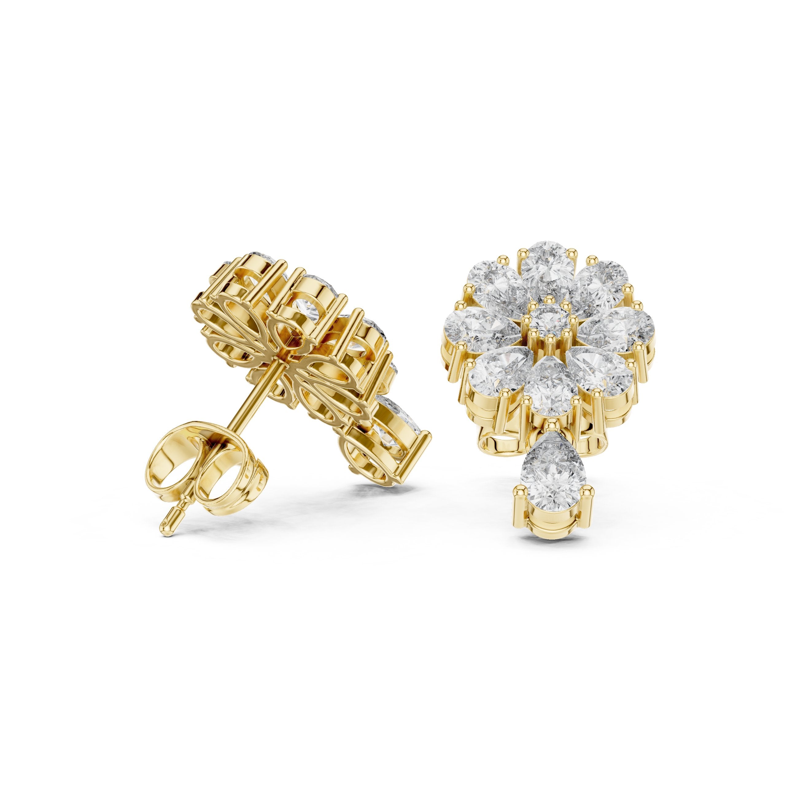 Radiant Twisted Halo Diamond Stud Earrings in Yellow Gold - VYKA Diamonds