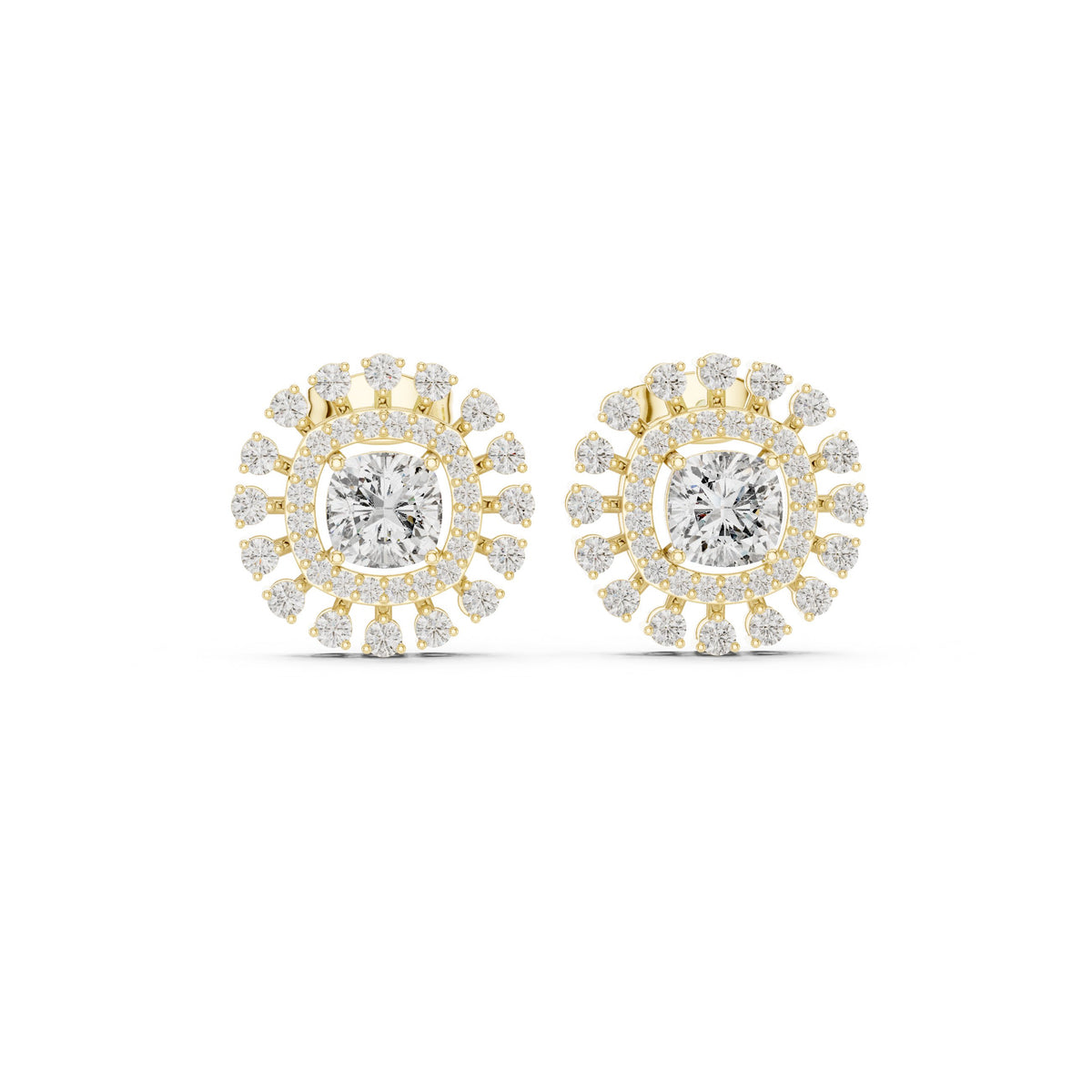 Cushion Floating Halo Diamond Stud Earrings in Yellow Gold - VYKA Diamonds