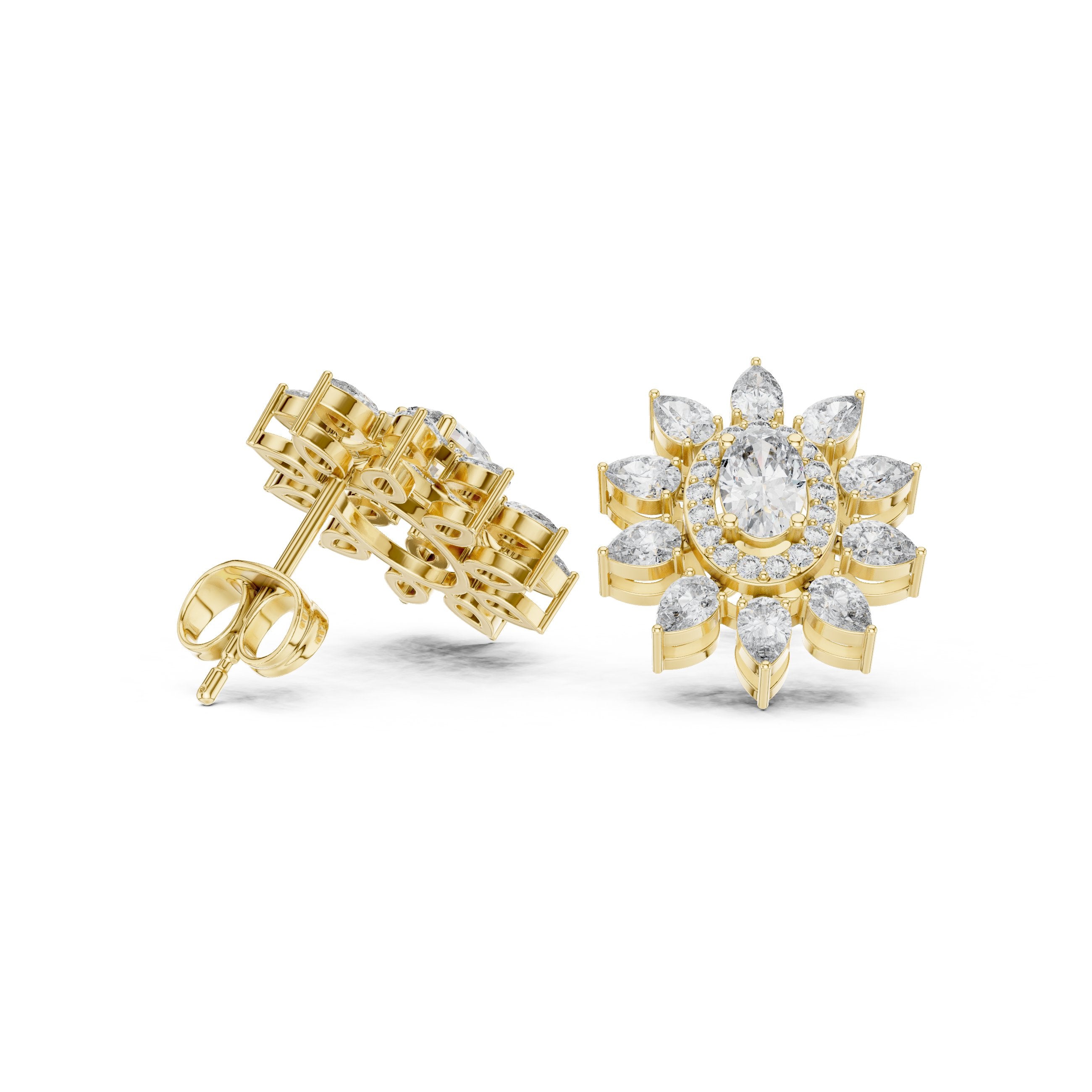 Radiant Floating Halo Diamond Stud Earrings in Yellow Gold - VYKA Diamonds