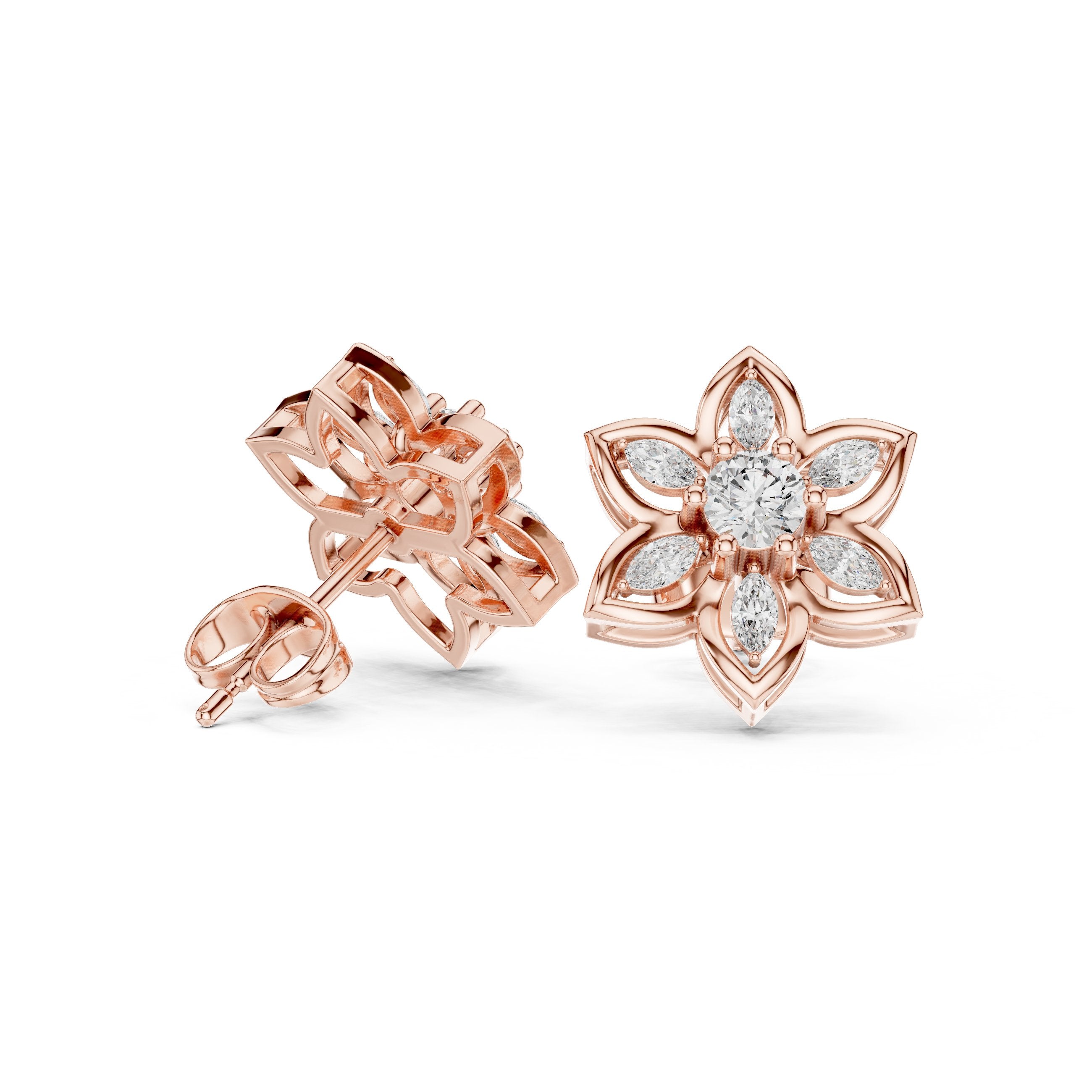 Radiant Crown Halo Diamond Stud Earrings in Rose Gold - VYKA Diamonds