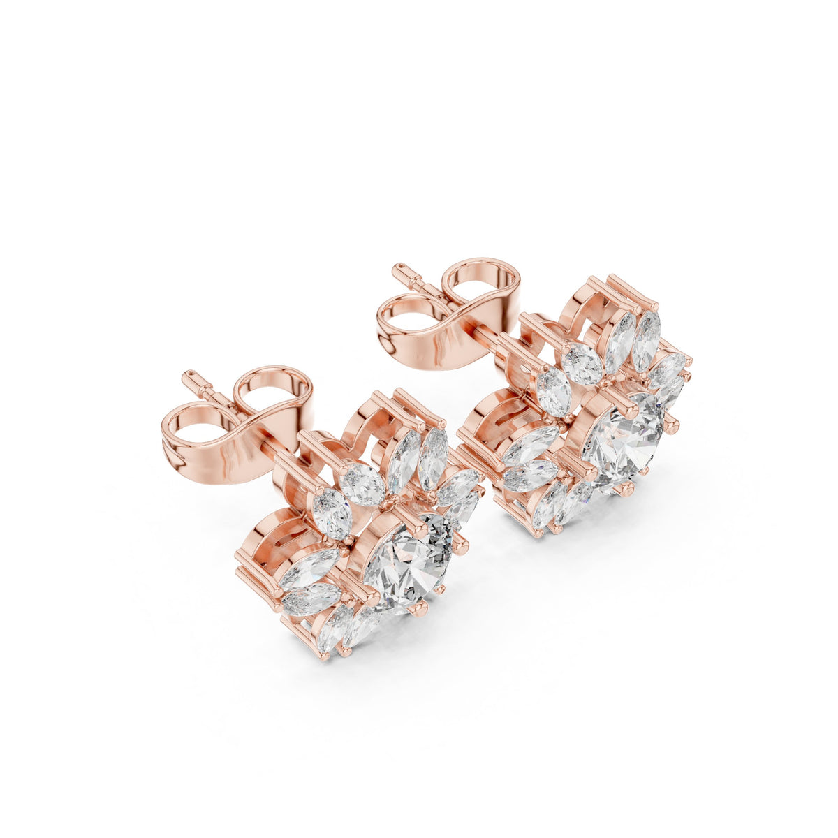 Marquise Flower Round Diamond Stud Earrings in Rose Gold - VYKA Diamonds