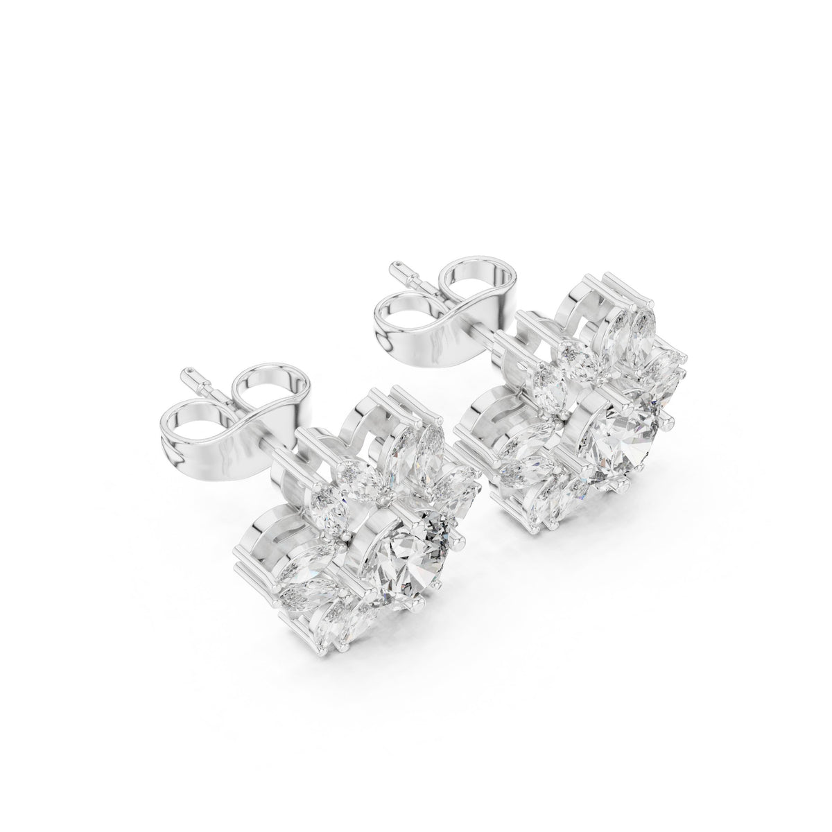 Marquise Flower Round Diamond Stud Earrings in White Gold - VYKA Diamonds