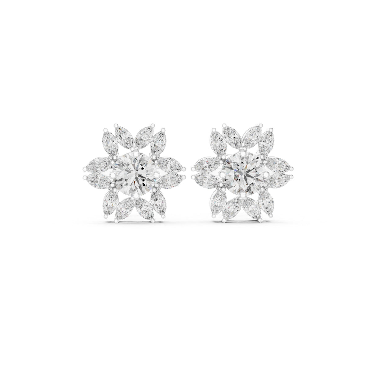 Marquise Flower Round Diamond Stud Earrings