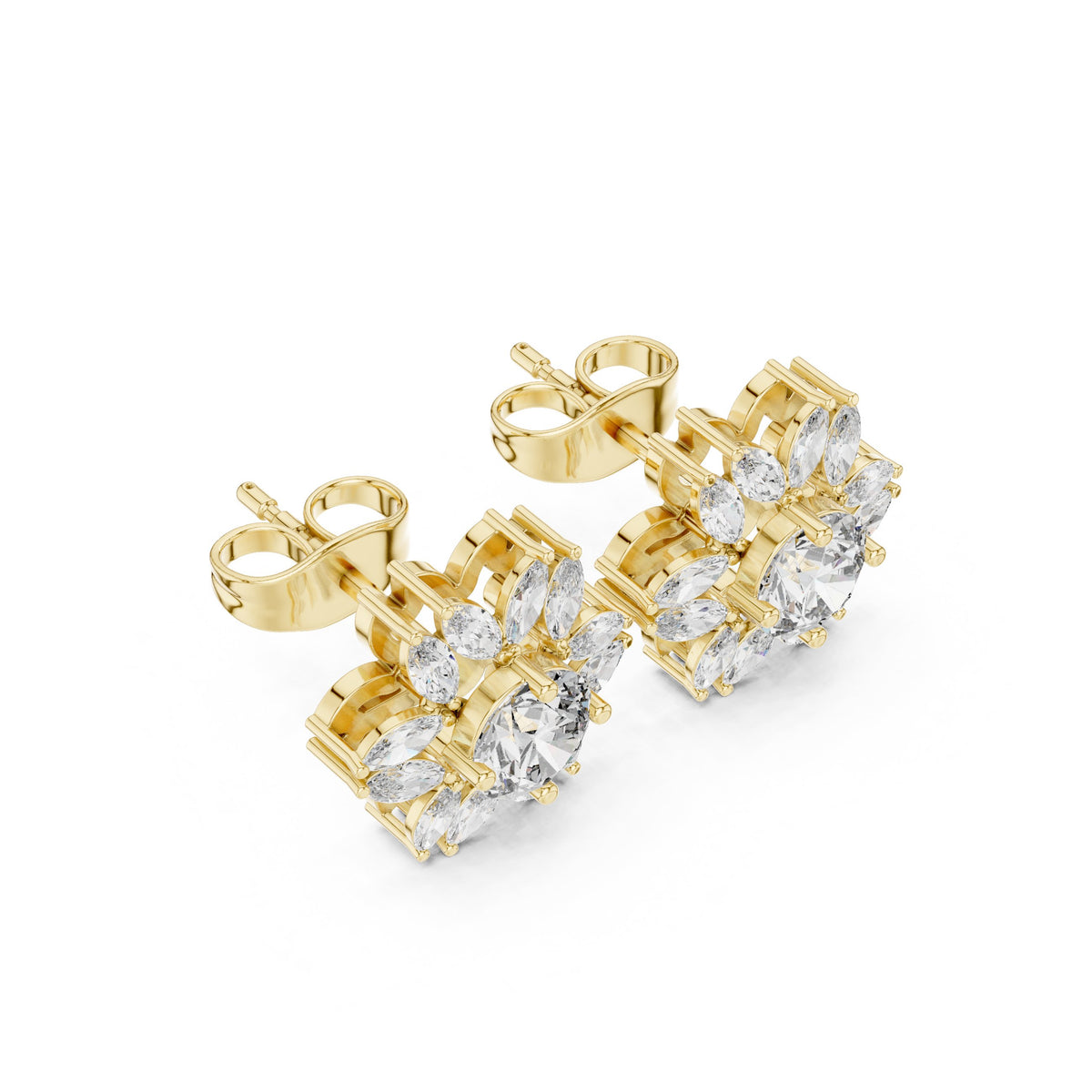 Marquise Flower Round Diamond Stud Earrings